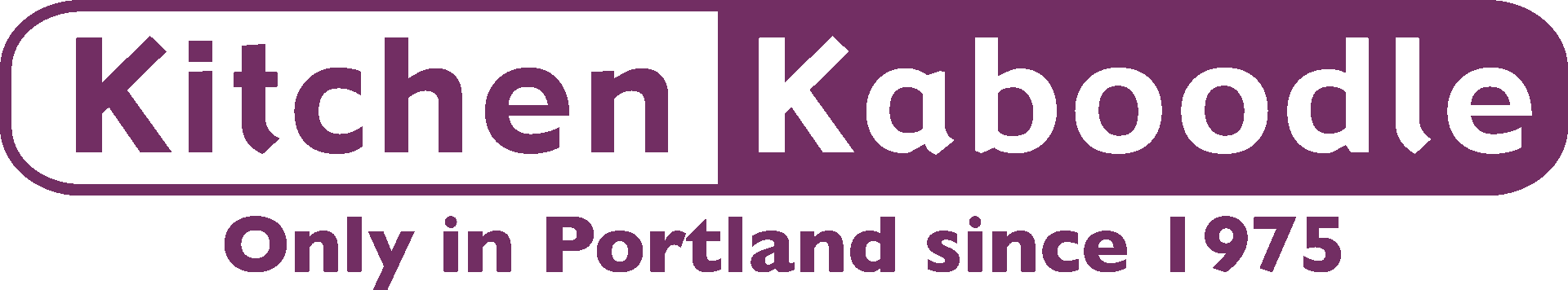 Logo for Kitchen Kaboodle, a store in Portland since 1975, with purple text on a black background