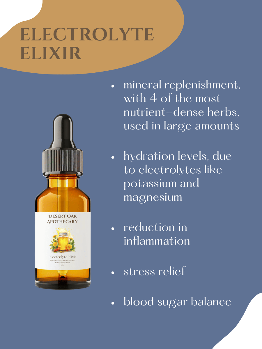 Herbal electrolyte elixir crafted to support nervous system, mineral absorption, and fluid balance without added sugar or synthetic ingredients.