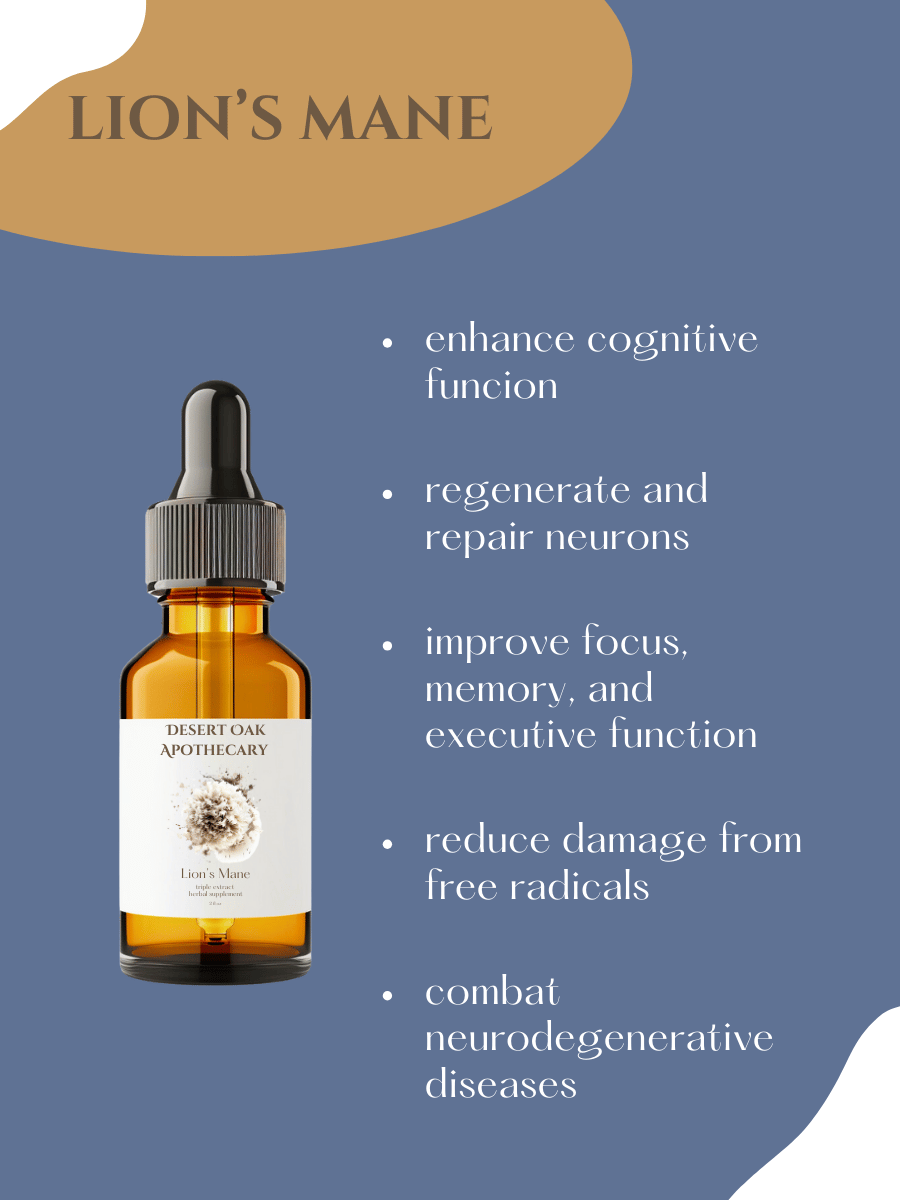Lion’s Mane mushroom extract in Mighty Mushrooms blend to support brain health, focus, and nervous system function.