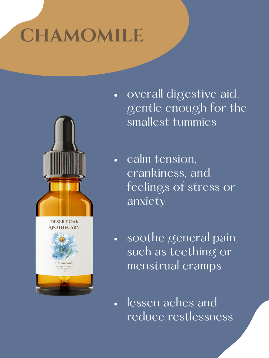 Herbal elixir made with chamomile and vegetable glycerin, designed for soothing anxiety, tension, and digestive upset—especially for sensitive systems.