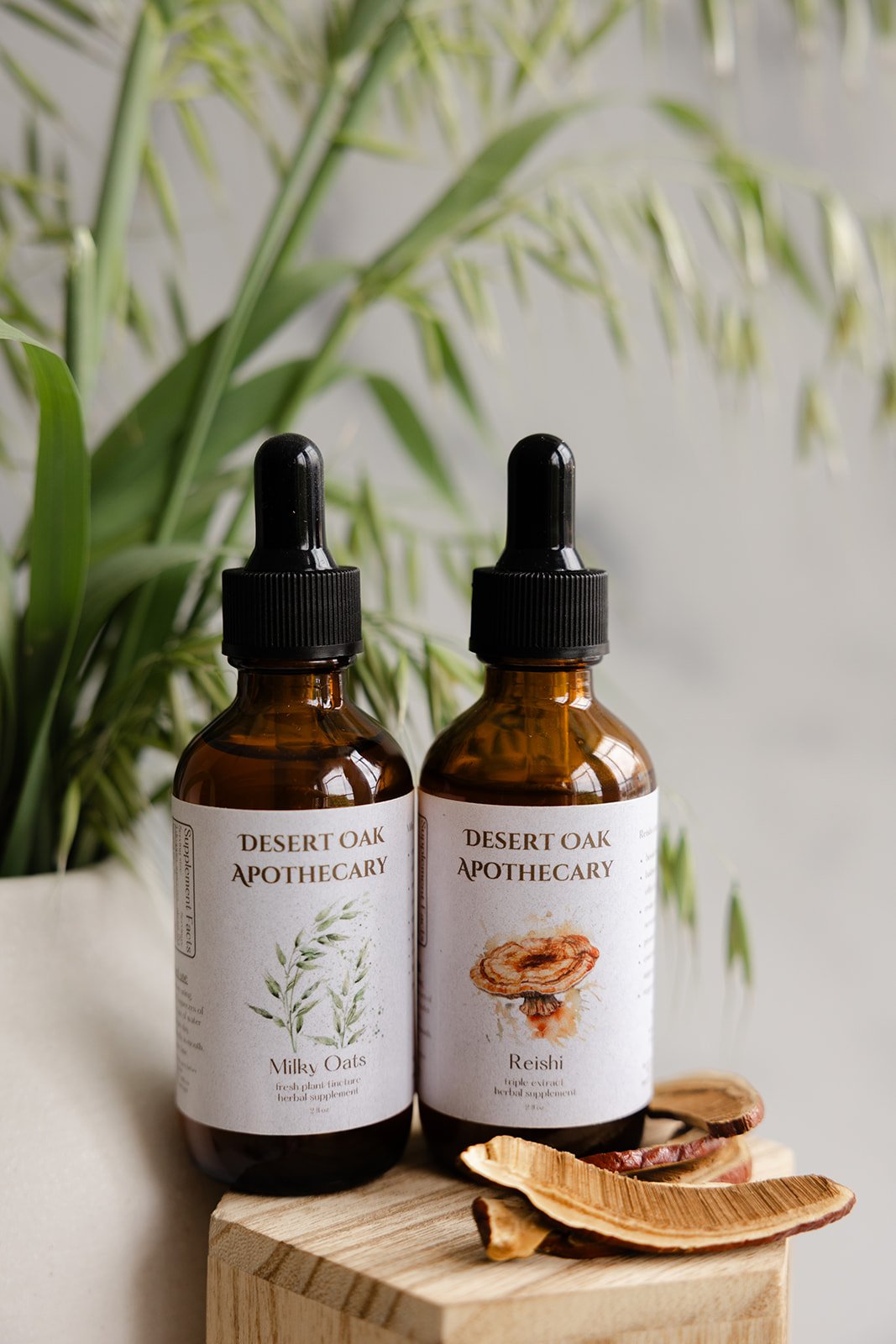 Stress Solution Bundle featuring calming herbal tinctures Reishi and Milky Oats, designed to support the nervous system, reduce overwhelm, and promote emotional balance.