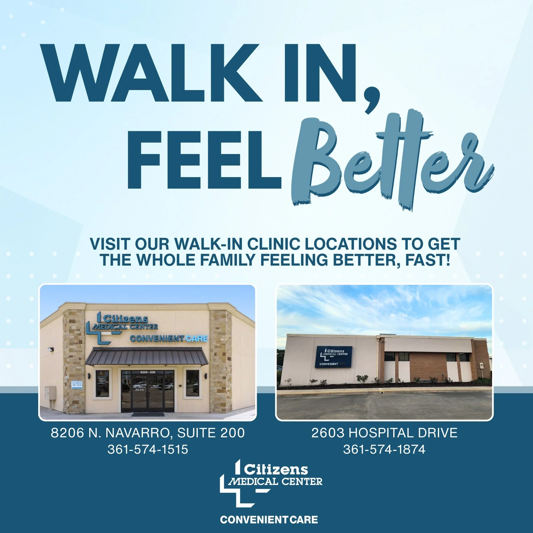 💙 Walk in, feel better! 💙

Flu season is here, but you don&rsquo;t have to let it slow your family down. Citizens Convenient Care walk-in clinics are here to help get the whole family feeling better, fast! No appointments needed &amp; all ages welc