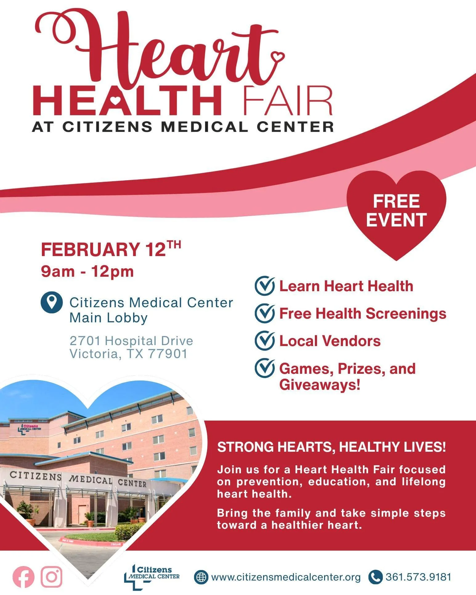We hope you&rsquo;ll join us tomorrow for our Annual Heart Health Fair! ❤️
🗓️ February 12 | 🕘 9:00 AM&ndash;12:00 PM

Stop by to learn more about heart health, enjoy free health screenings, and have some fun with games, giveaways, and more. Bring a