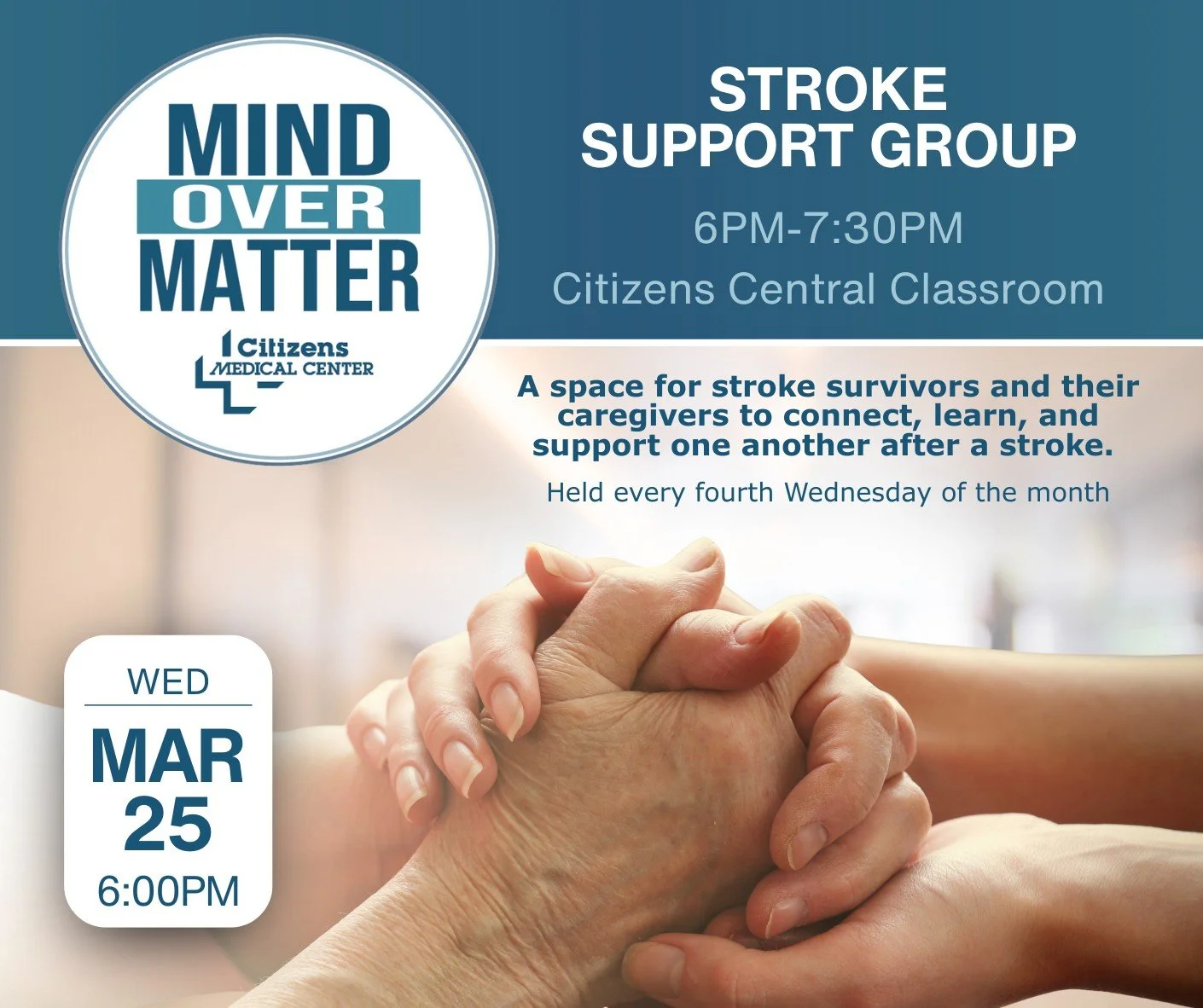 Join us Wednesday, March 25, for our Monthly Stroke Support Group. We&rsquo;d love to see you there. 💙

#StrokeSupport #CommunityCare #YouAreNotAlone