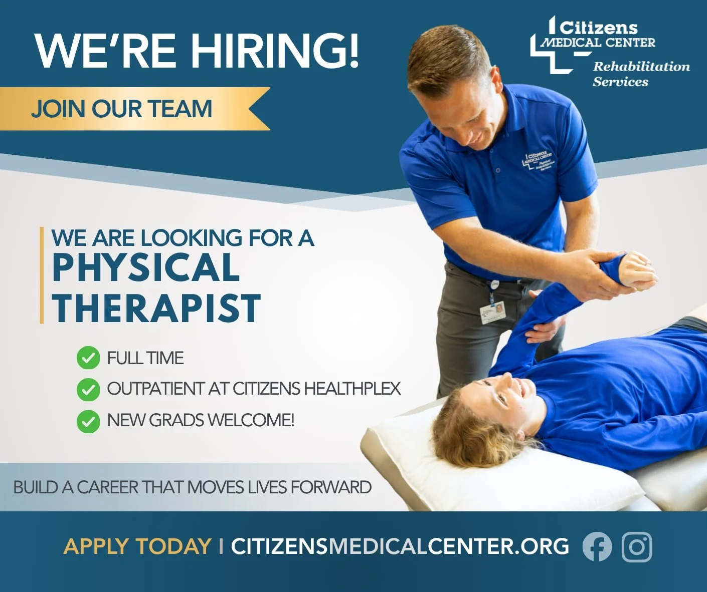 We&rsquo;re growing our Rehabilitation Services team! 💙

Citizens Medical Center is now hiring a full-time Physical Therapist for our hospital-based outpatient clinic located inside Citizens HealthPlex in Victoria, Texas.

✨ Competitive pay &amp; fa