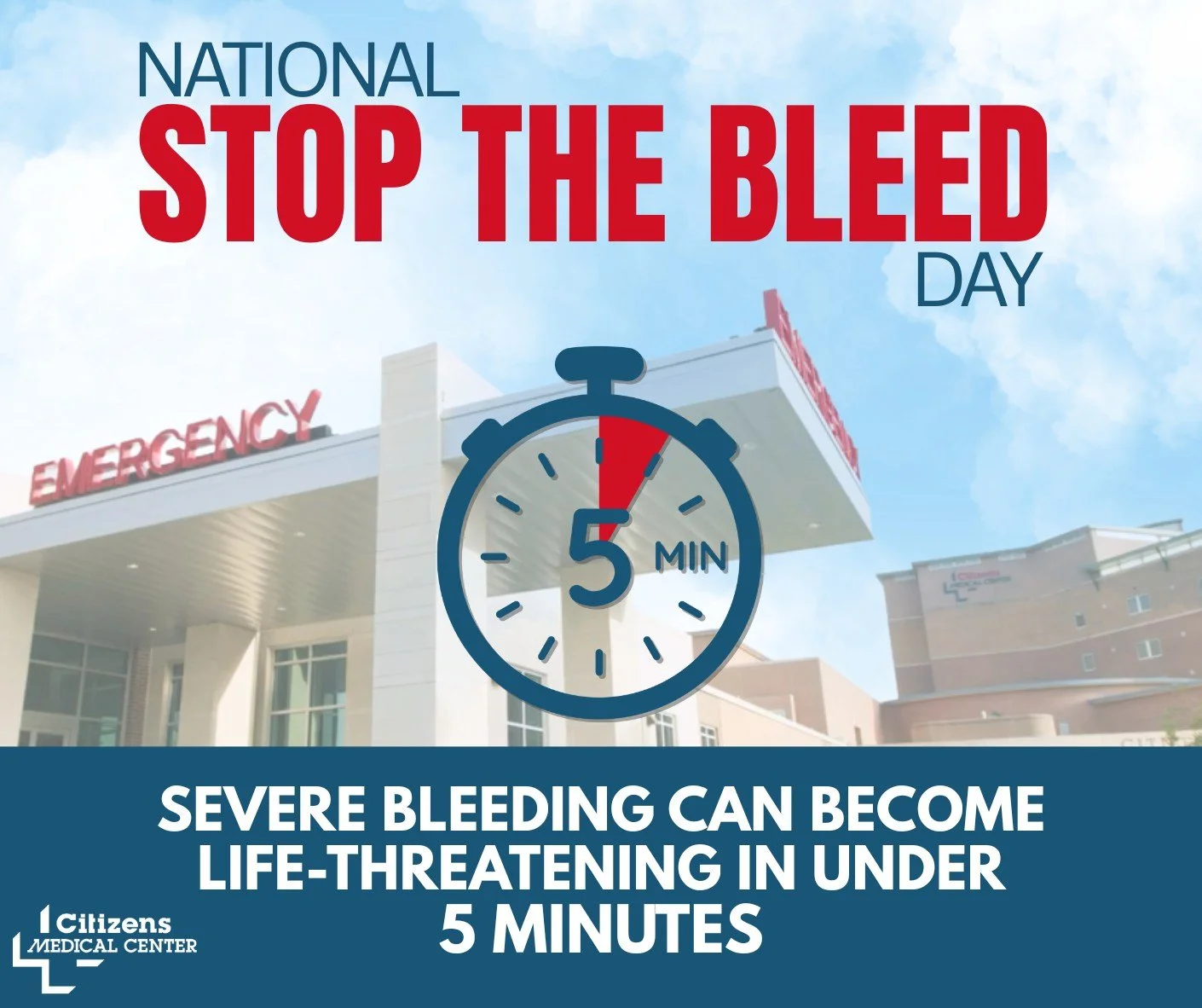 ⏱️ Minutes Matter.

Severe bleeding can become life-threatening in under 5 minutes. You may be the first person there before EMS arrives, and the actions you take could save a life. ❤️🩹

Today on Stop the Bleed Day, the Trauma Program Team at Citize