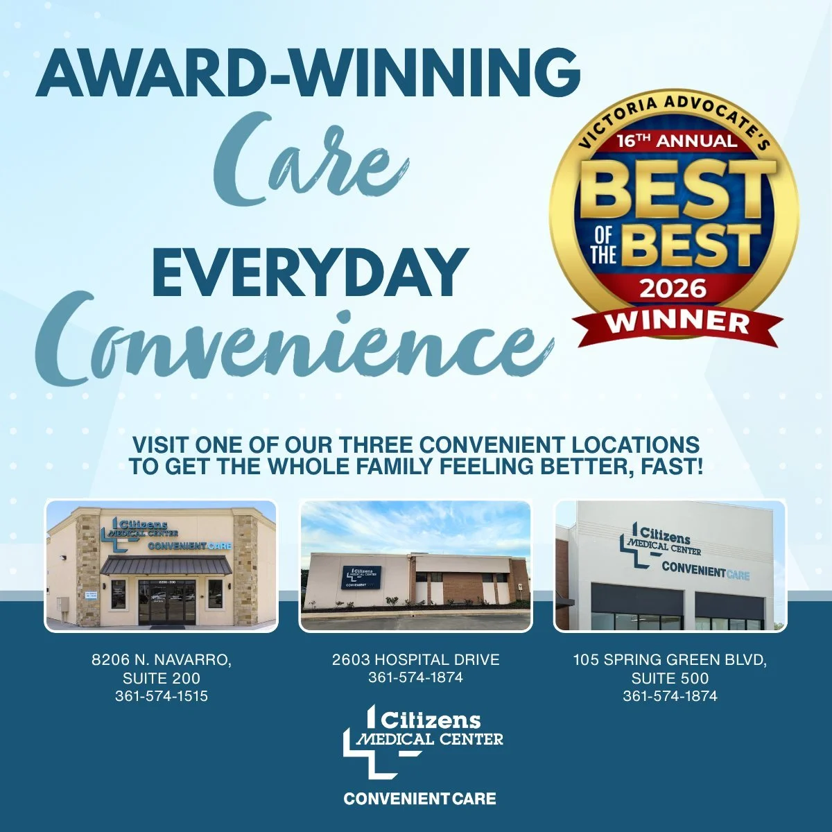 From routine visits to unexpected needs, our team is here to care for you and your family, close to home and ready when you are.

Visit any of our locations and experience care that puts you first. 💙

🩺Walk-In Clinic
8206 N Navarro St, Ste 200 | Vi