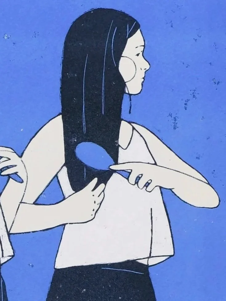 Learning to Braid at Twenty-Two (2025) / stone lithography / 18" x 22"