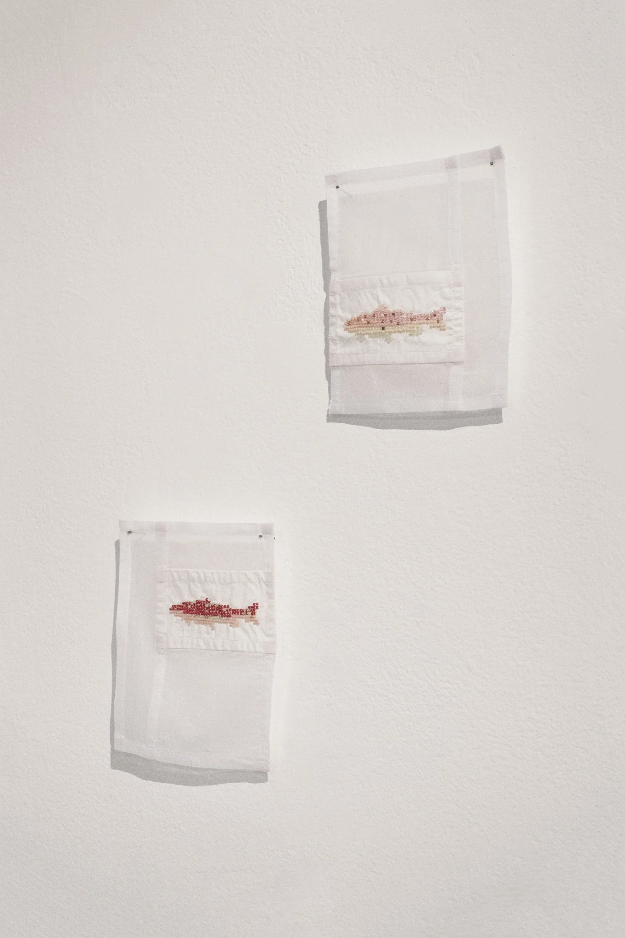 beadwork / jogakbo miniature wall-hangings (cotton fabric, thread, seed beads) each 4" x 6"