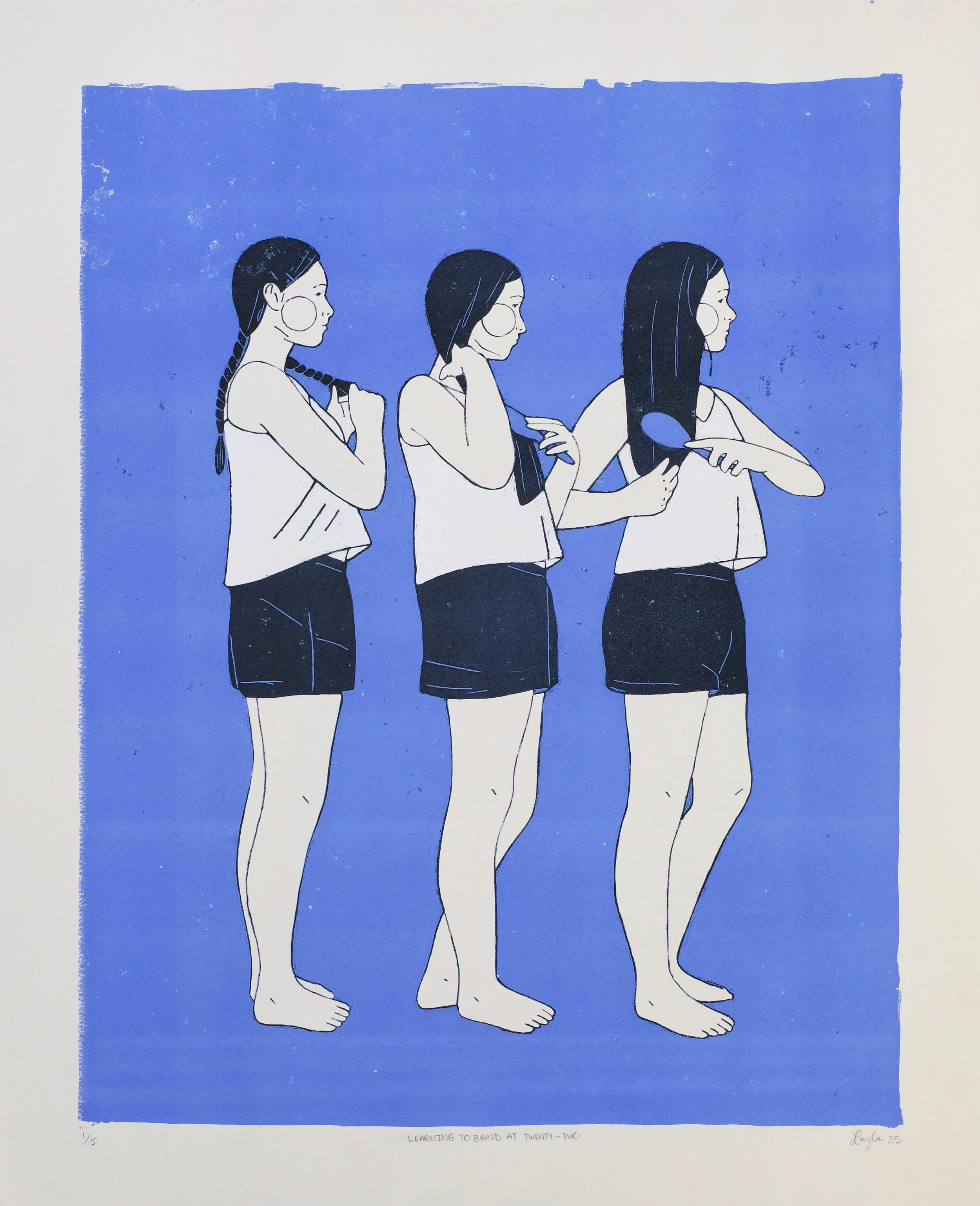 Learning to Braid at Twenty-Two (2025) / stone lithography / 18" x 22"