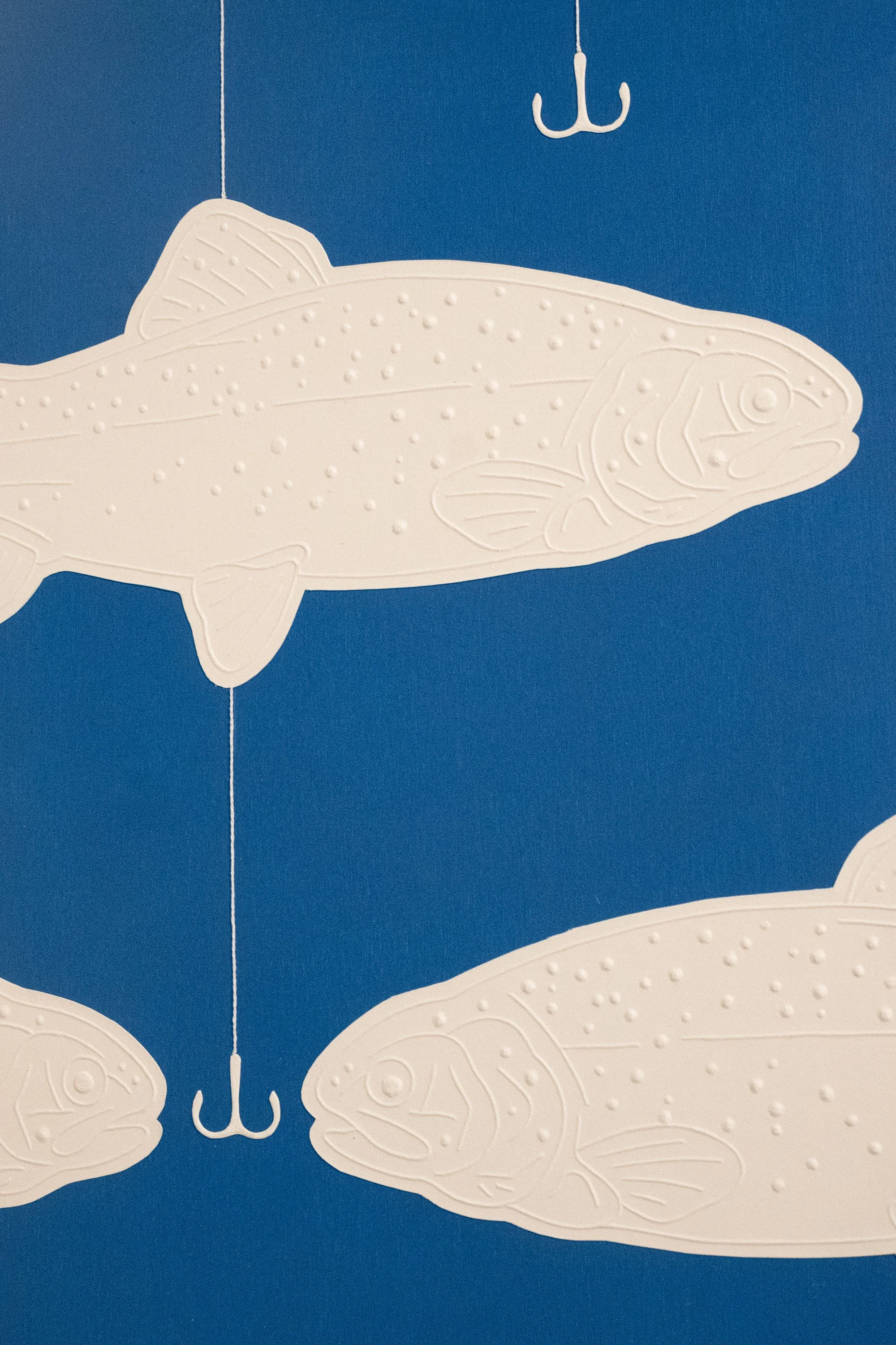 linocut embossment collage (wood panel, acrylic paint, linoleum flooring, Somerset paper, yarn) 1' x 4'  