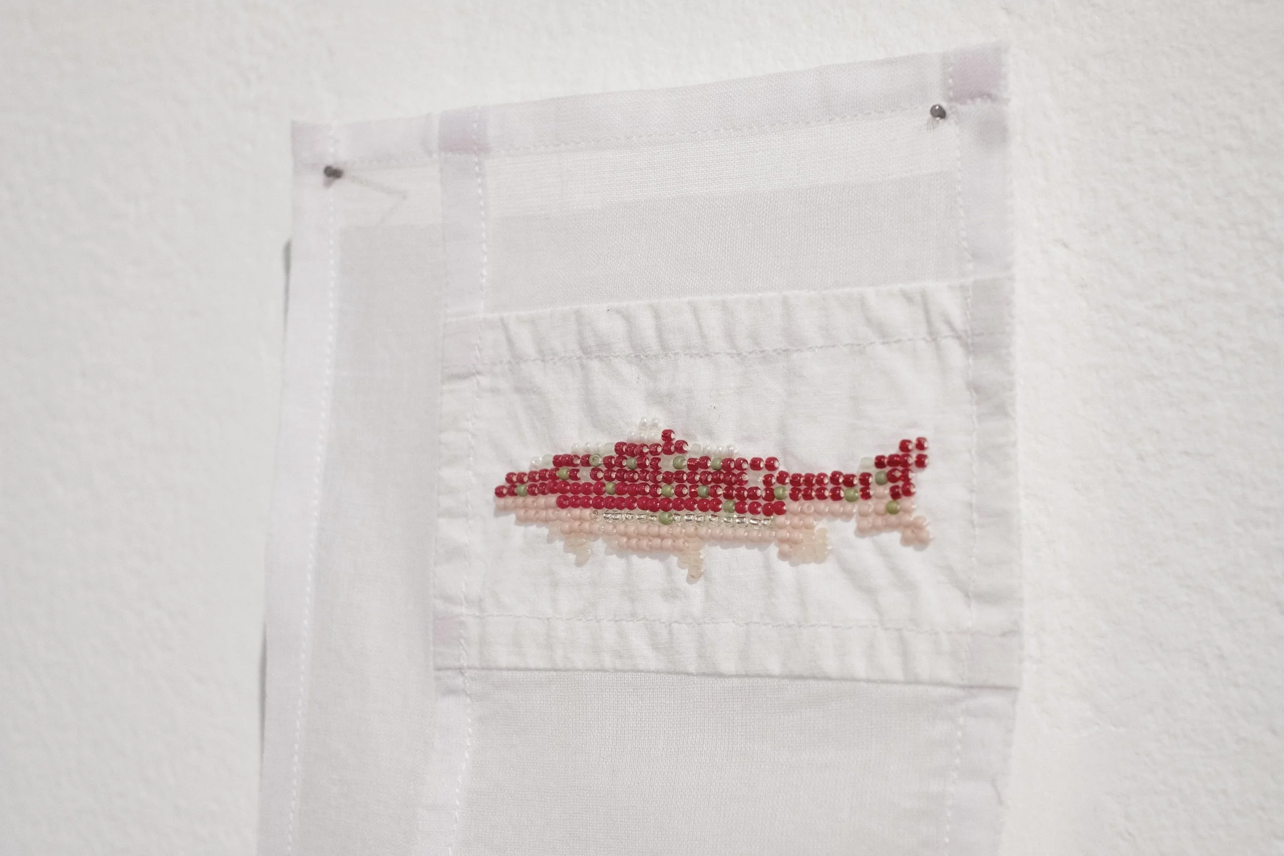 beadwork / jogakbo miniature wall-hangings (cotton fabric, thread, seed beads) each 4" x 6"