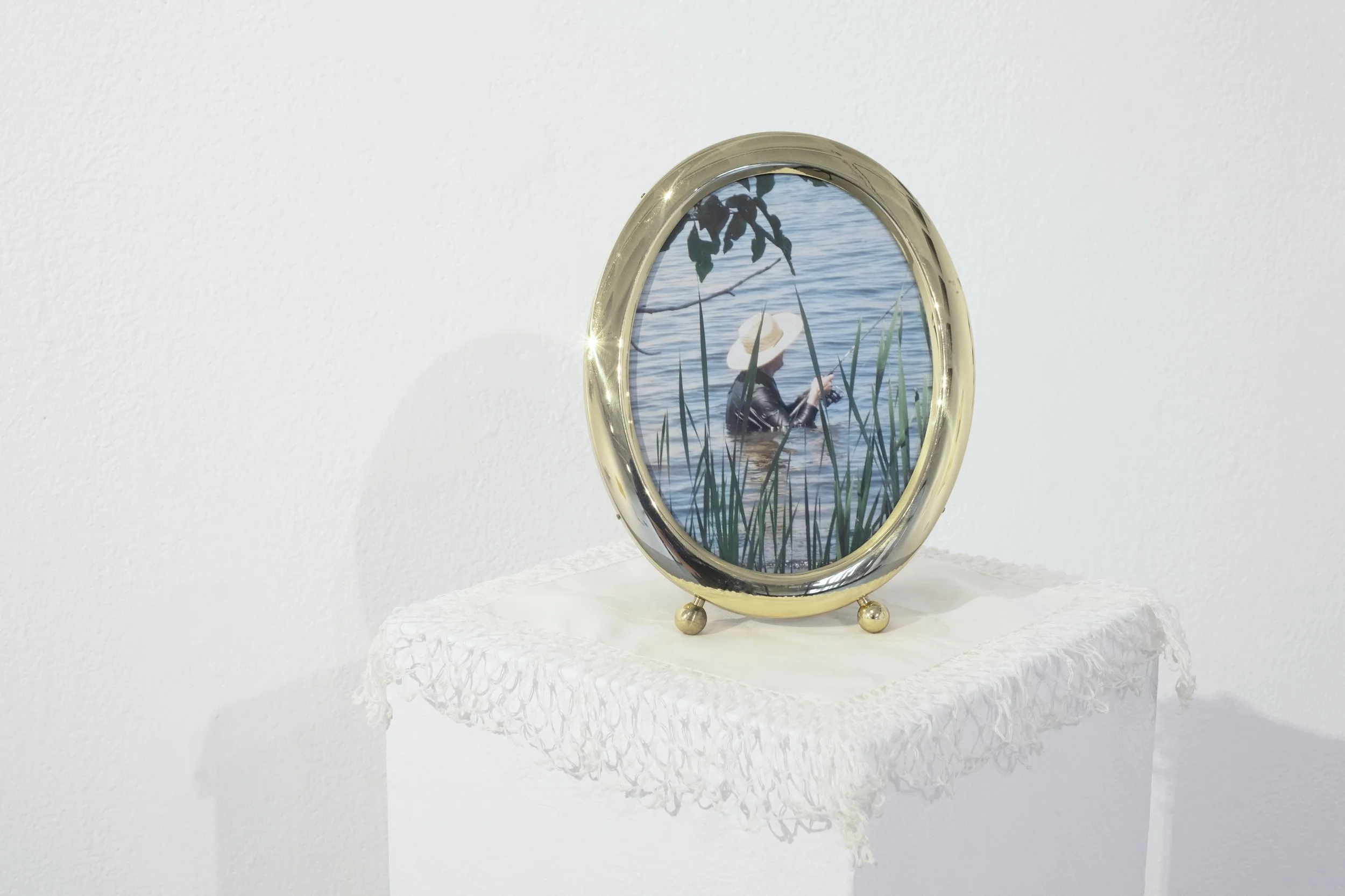framed photograph (digital print, metal frame, cotton doily) 5" x 7"