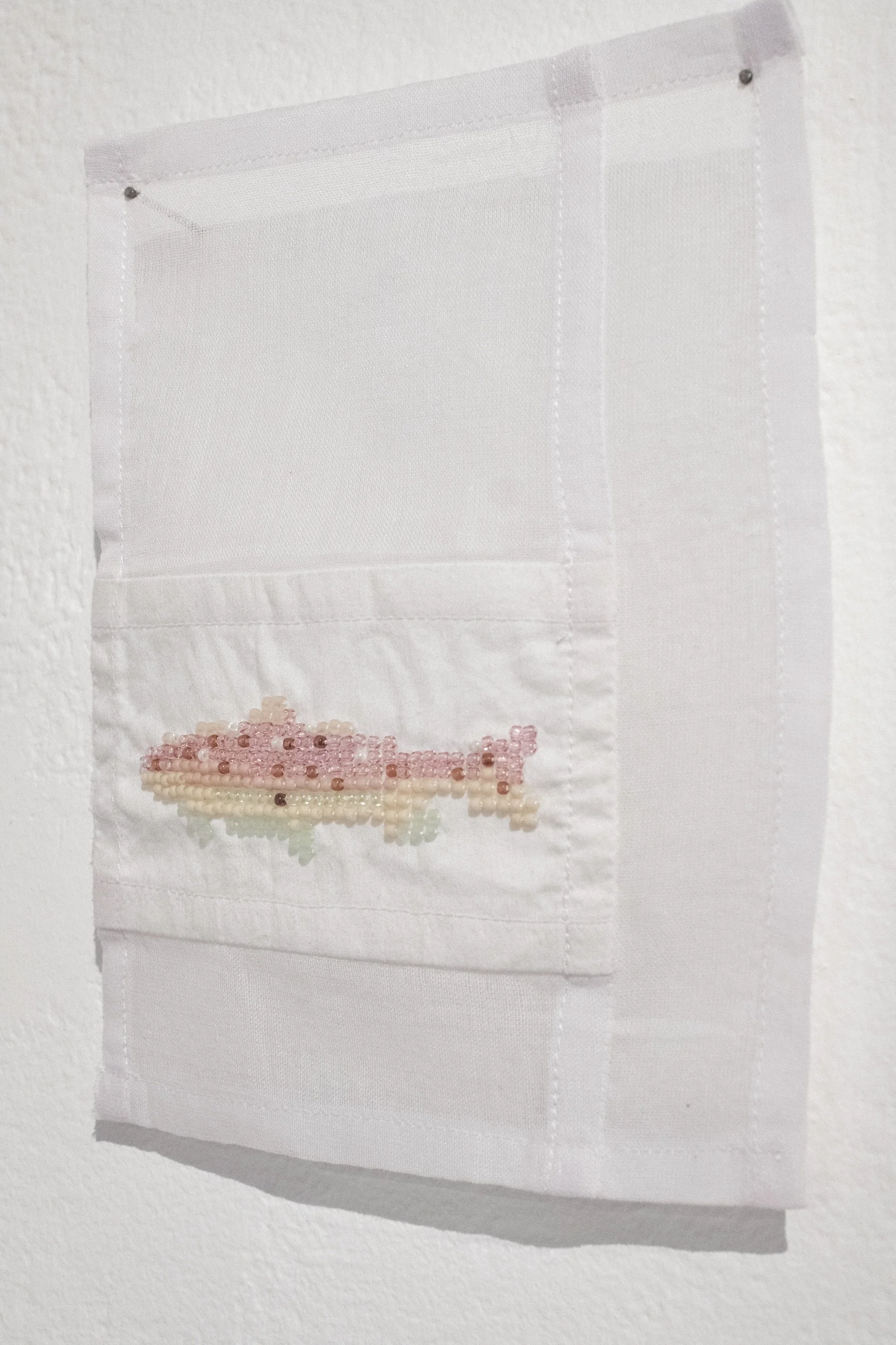 beadwork / jogakbo miniature wall-hangings (cotton fabric, thread, seed beads) each 4" x 6"