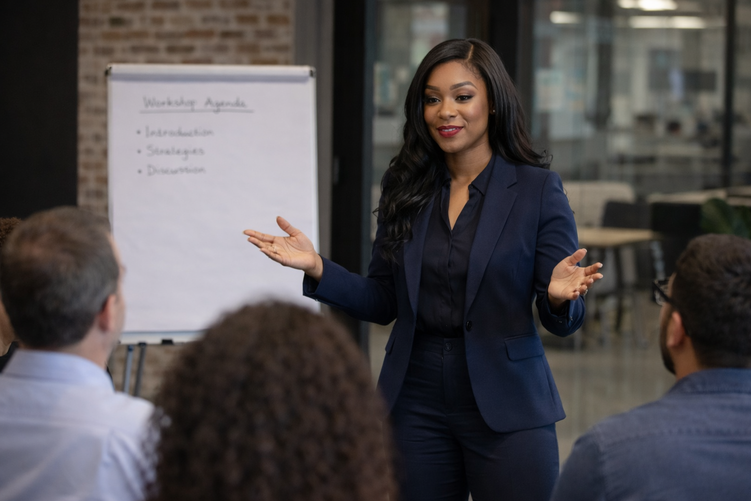 Christina Sims leading an AI strategy workshop with business leaders in a corporate setting.