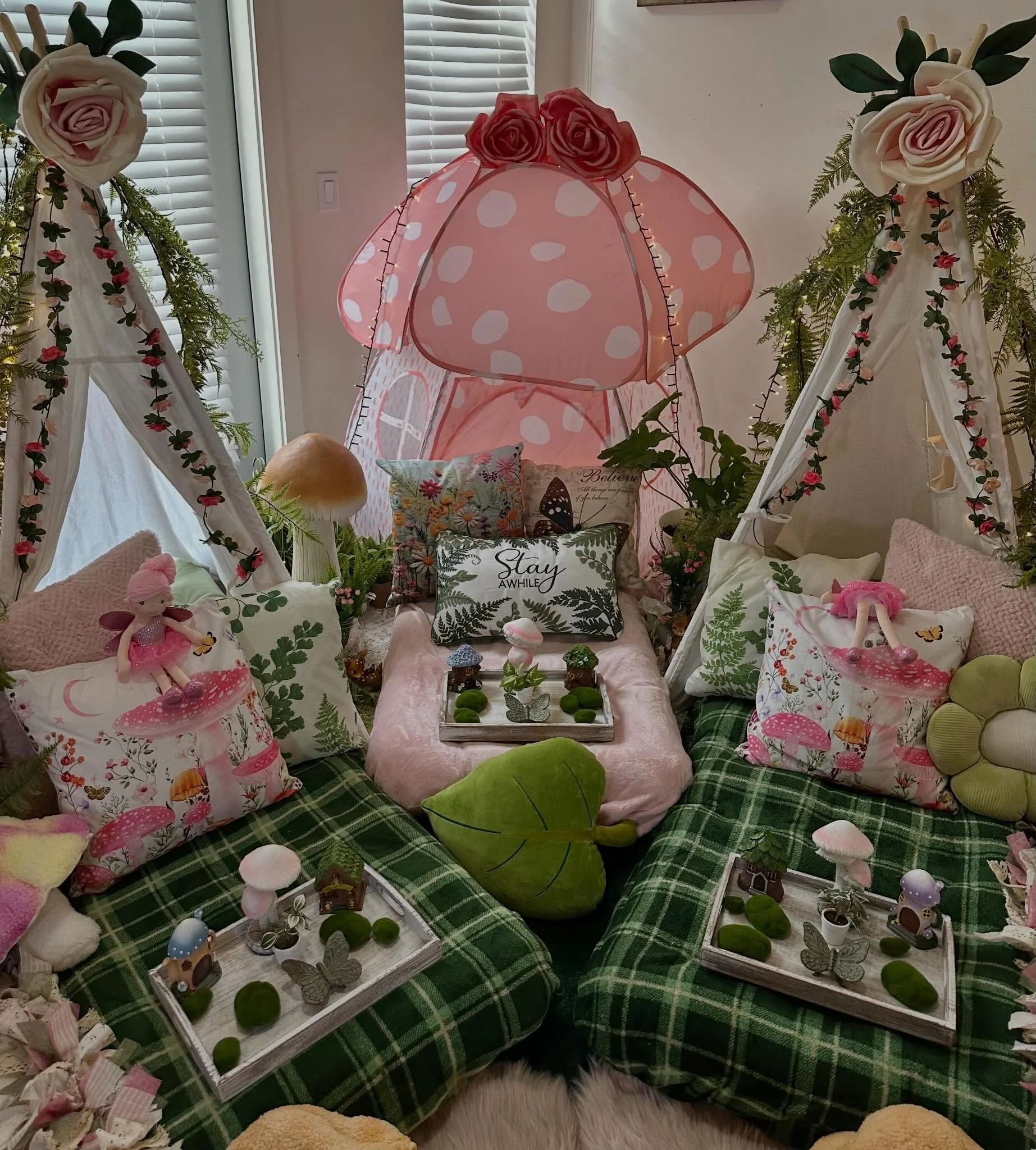Fairies &amp; Ferns Tent Sleepover Party! This whimsical, nature-inspired celebration will immerse your guests into the magic of a soft pink and lush green enchanted woodland. Think forest ferns, moss, pink mushrooms, and ivy, with twinkling fairy li