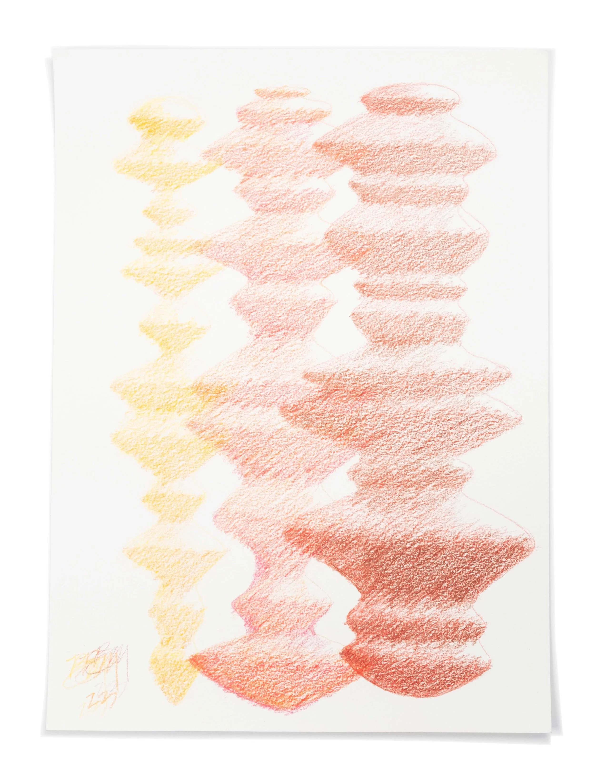 Three sonic monument sculptures drawings, yellow, orange and dark red, sketched by artist Brian Madden