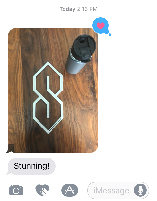 Text conversation with a photo of a stainless steel S-thing trivet inspired by Alessi