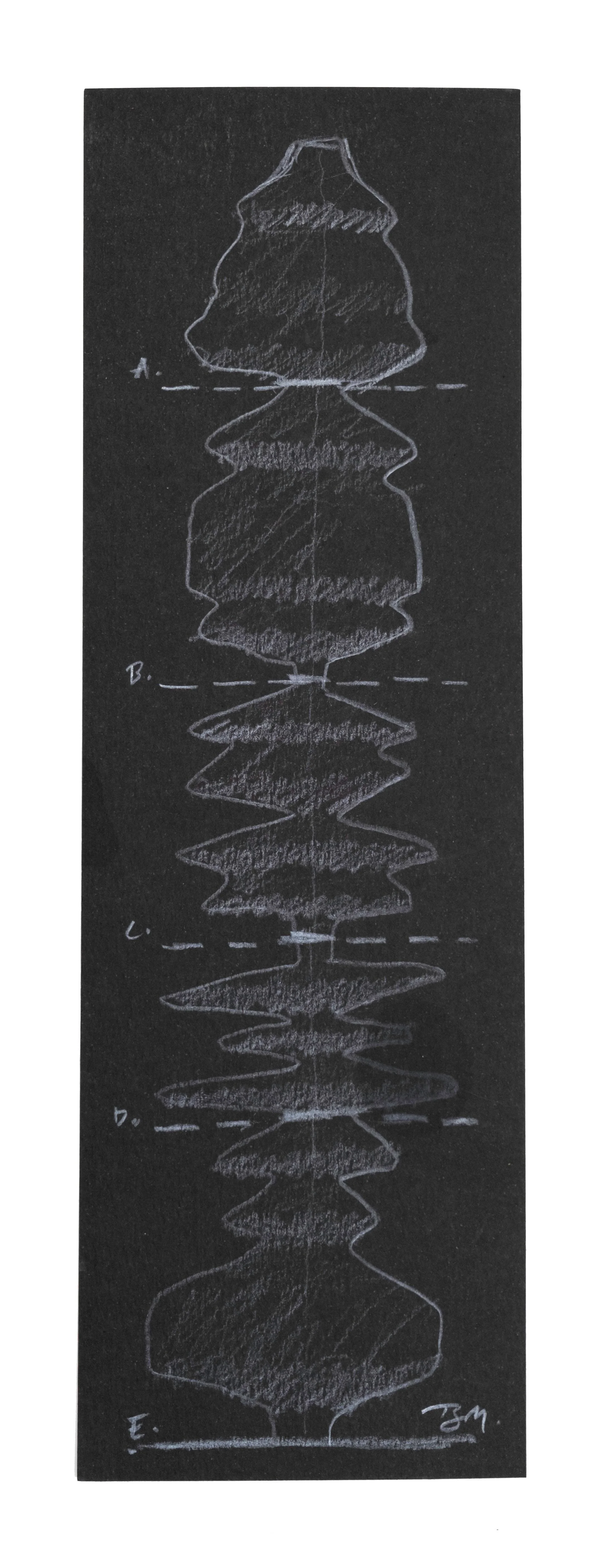 A white sonic monument drawing sketched on black paper by artist Brian Madden