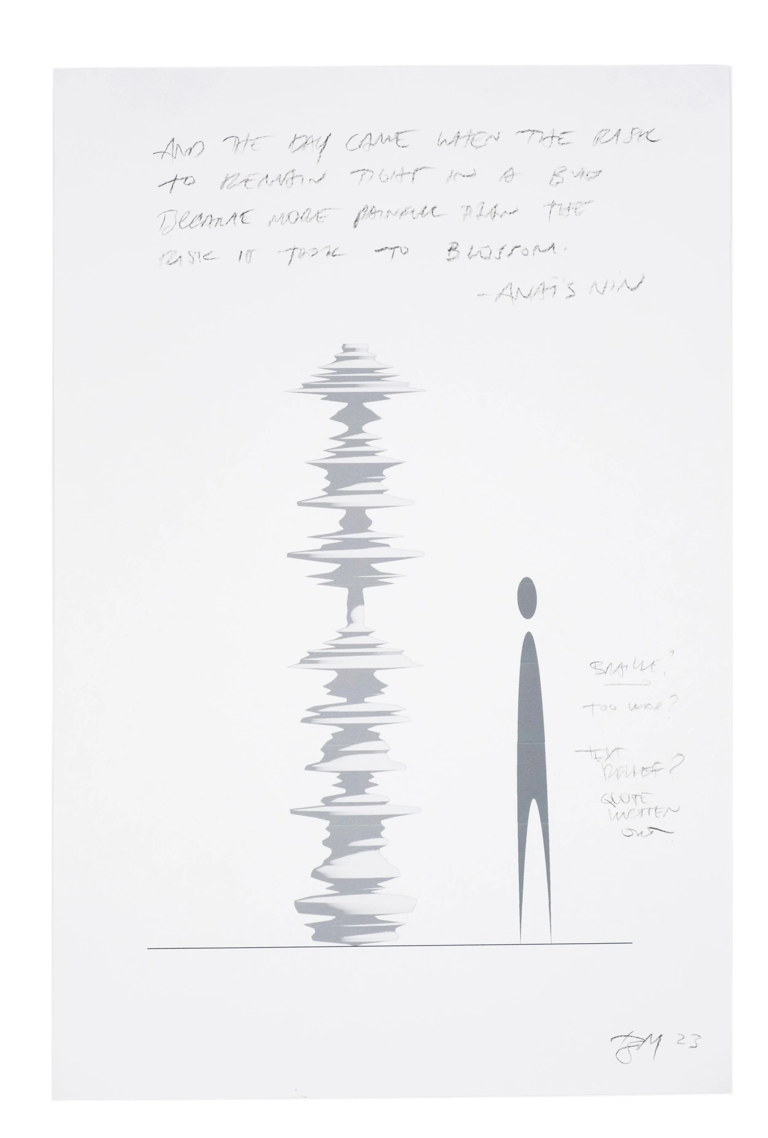 Gray rendering of a sonic monument sculpture inspired by sound waves and based off of Anais Nin poem, created by artist Brian Madden