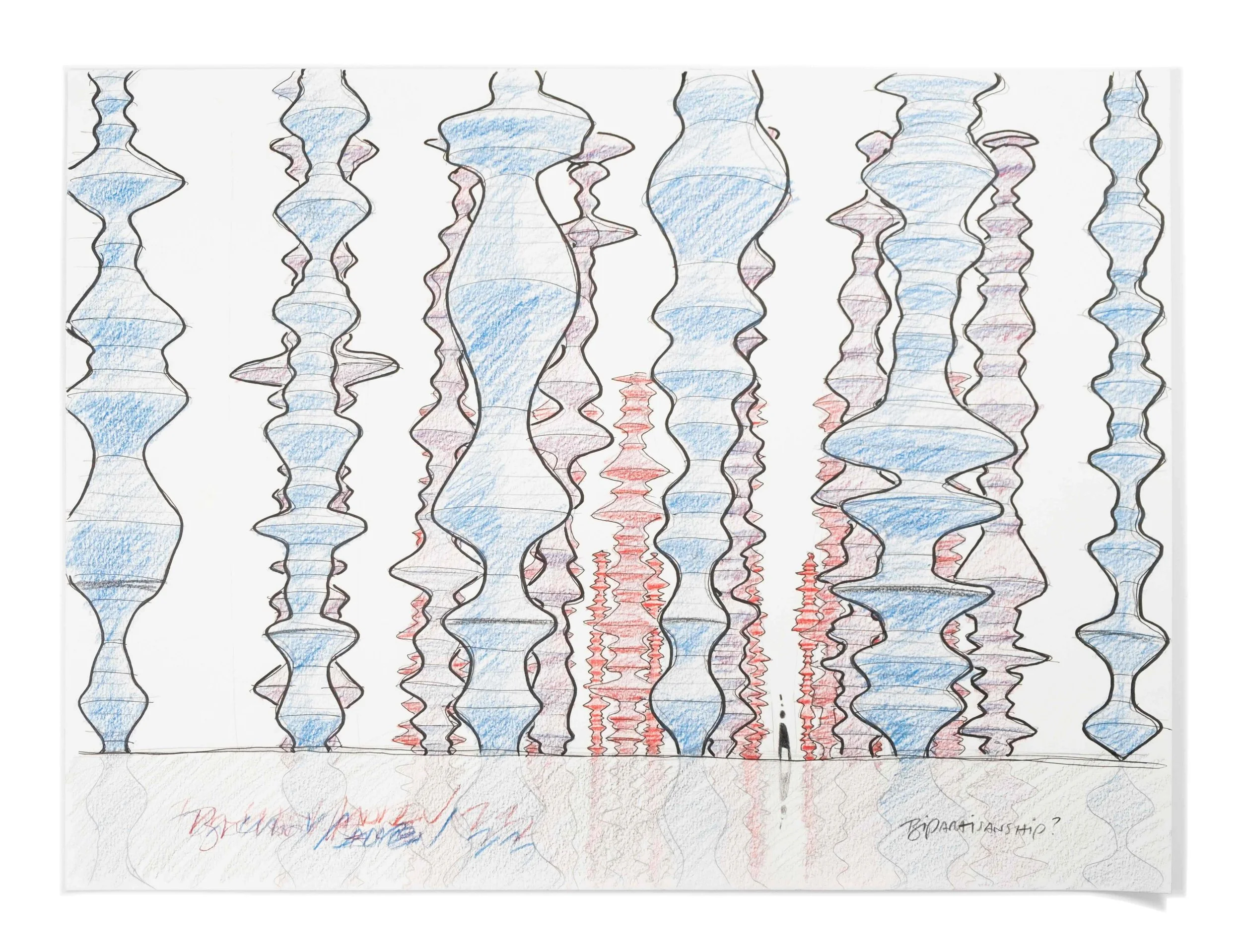 A large group of sonic monument drawings in colors blue, red and gray, drawn in perspective and fading into the background and sketched by artist Brian Madden