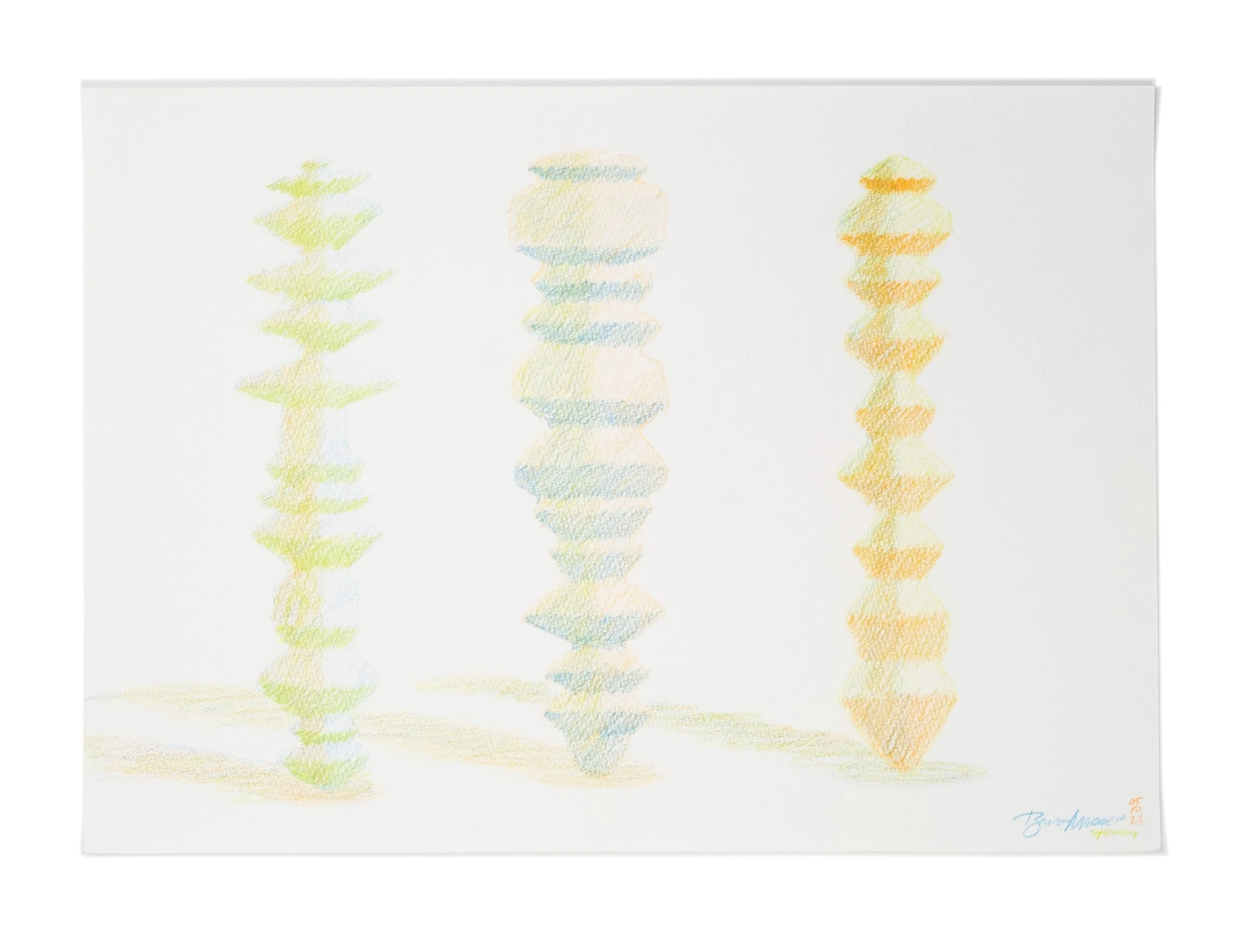 Three green and orange sonic monument drawings sketched by artist Brian Madden, inspired by sound waves