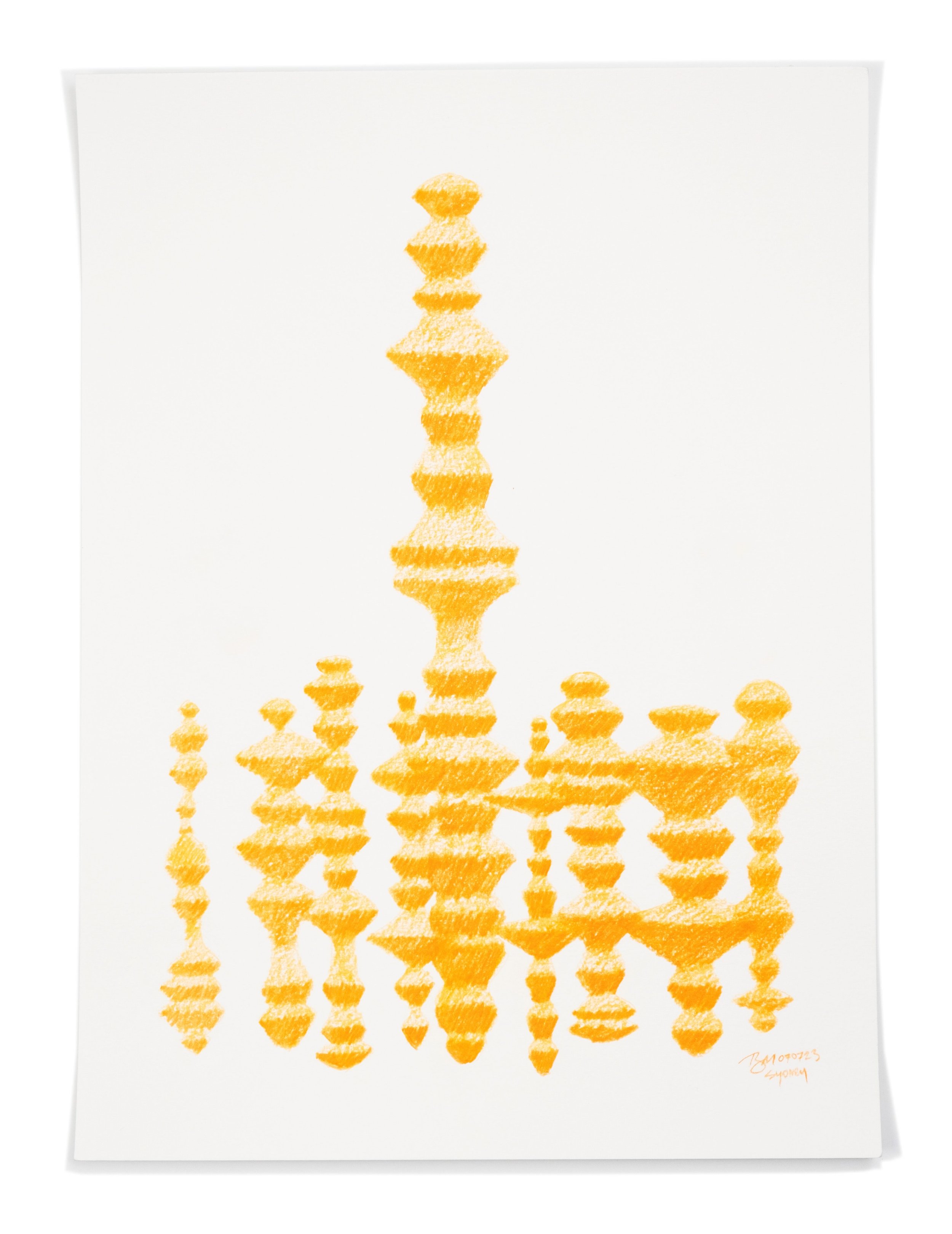 Line of orange sonic monuments drawing and sketch by artist Brian Madden, inspired by soundwaves.