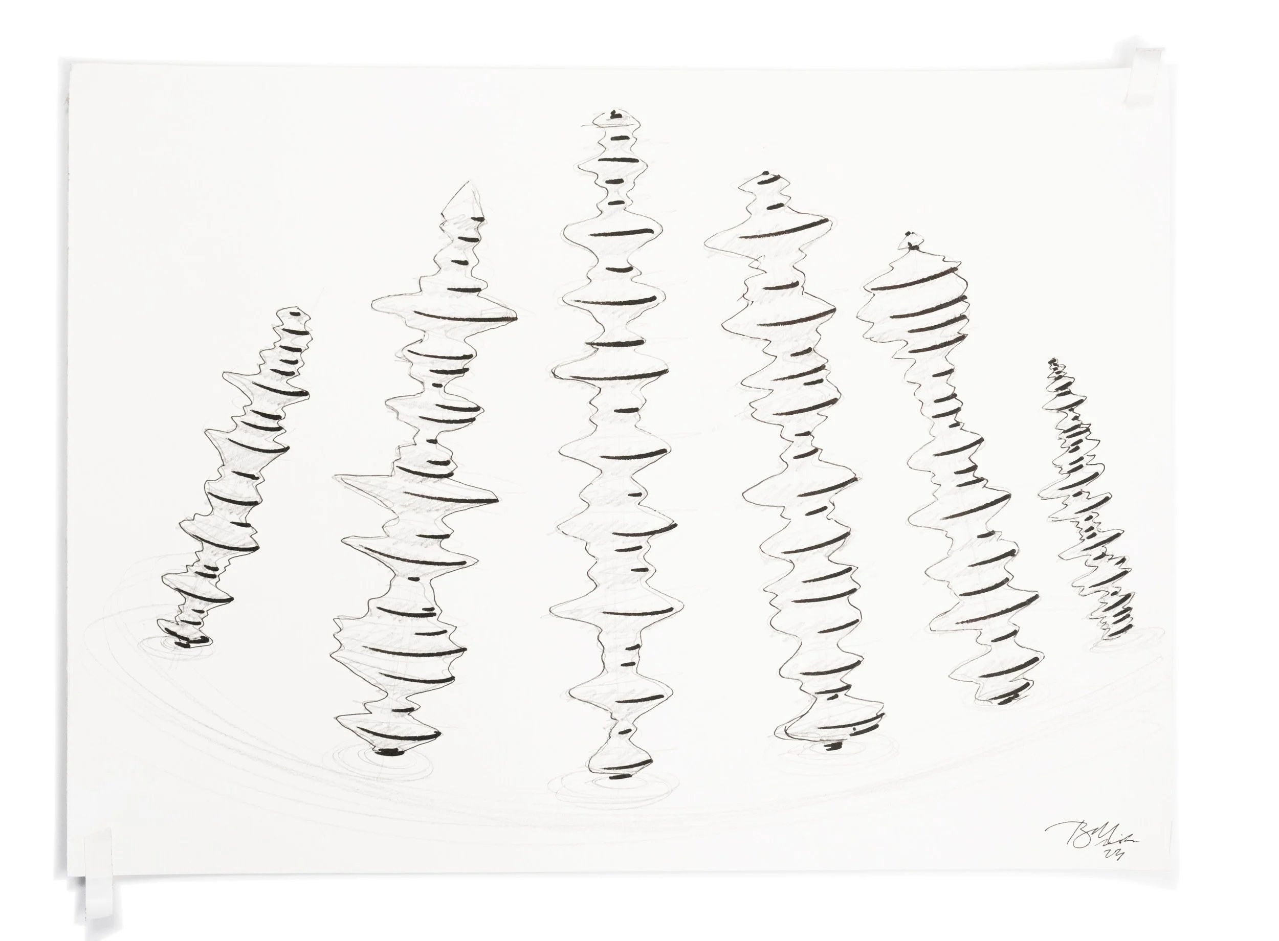 Six black and white sonic monument sculpture drawings in a line of warped perspective, sketched by artist Brian Madden
