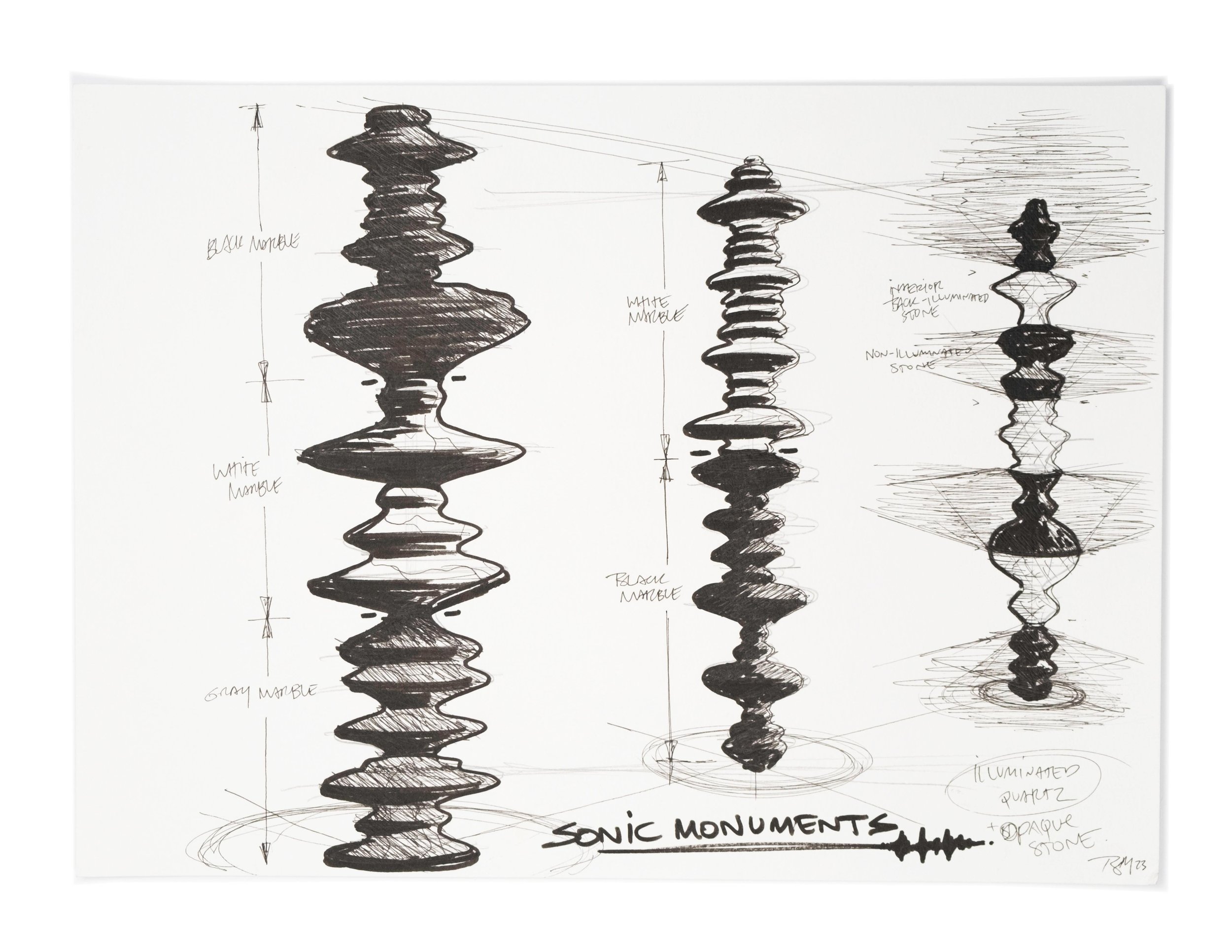 Three black and white sonic monument drawings, drawn in a perspective line with shadow details, sketched by artist Brian Madden