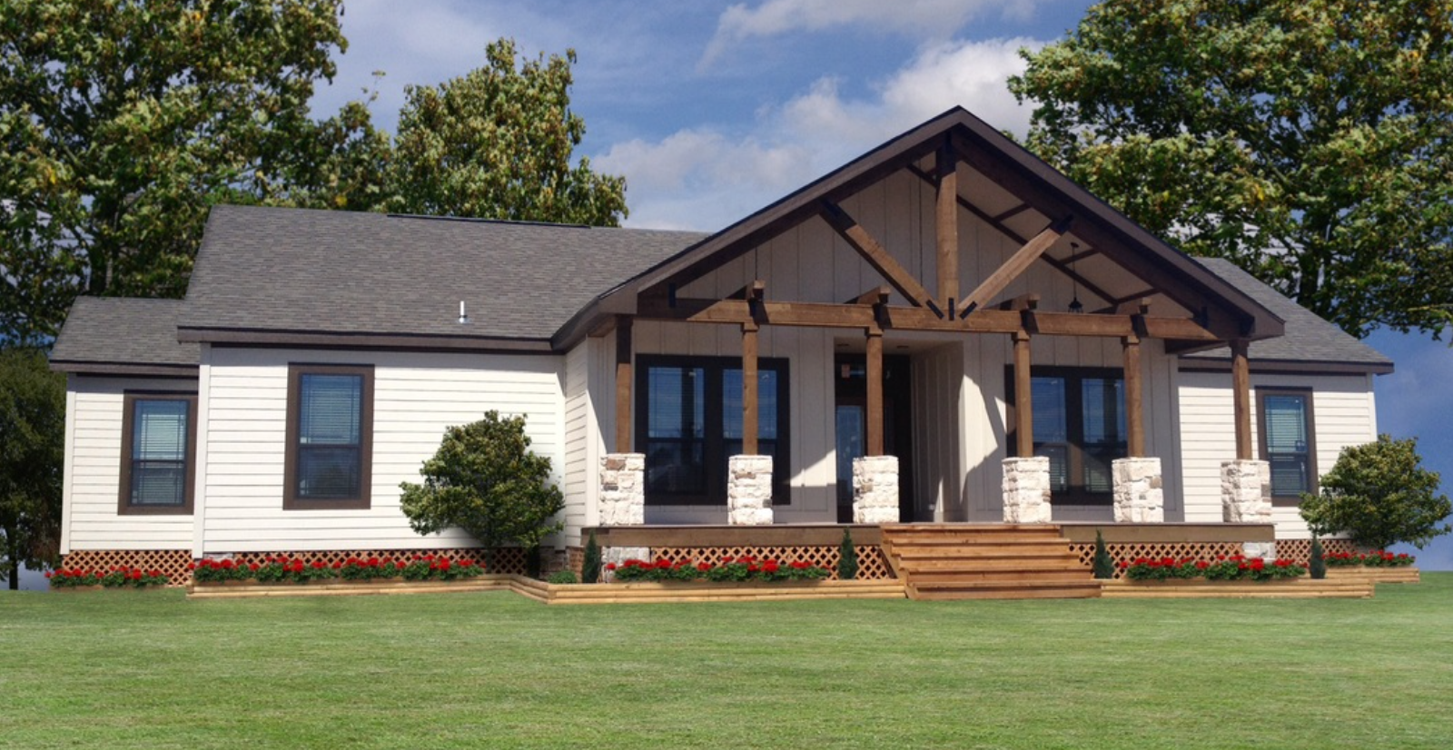 Manufactured home with a covered timber-framed front porch