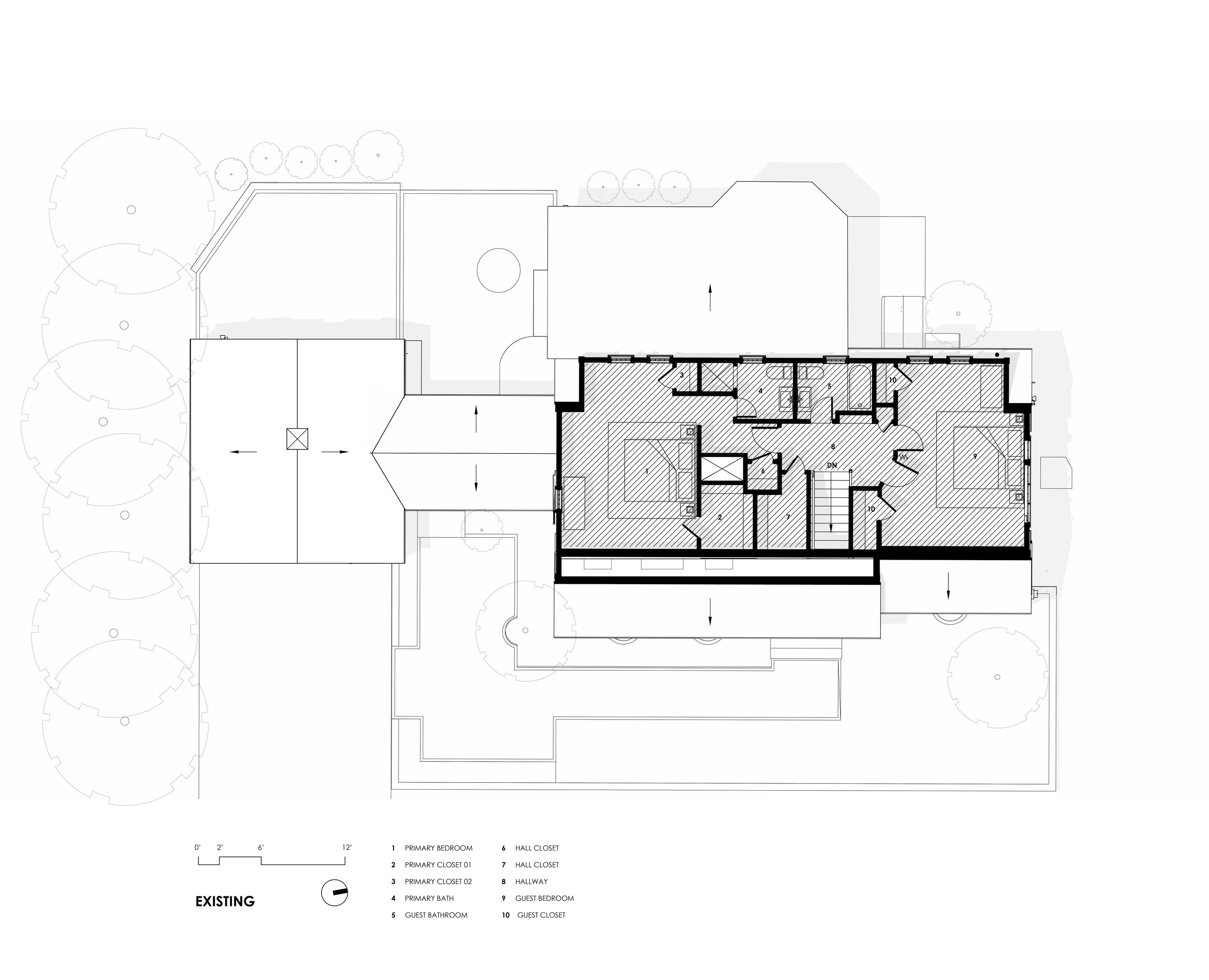 Architectural floor plan showing the layout of a residential space, including primary bedroom, guest bedroom, closets, bathrooms, and hallway, with labeled areas and directional arrows. Surrounding landscape features like trees are also depicted.