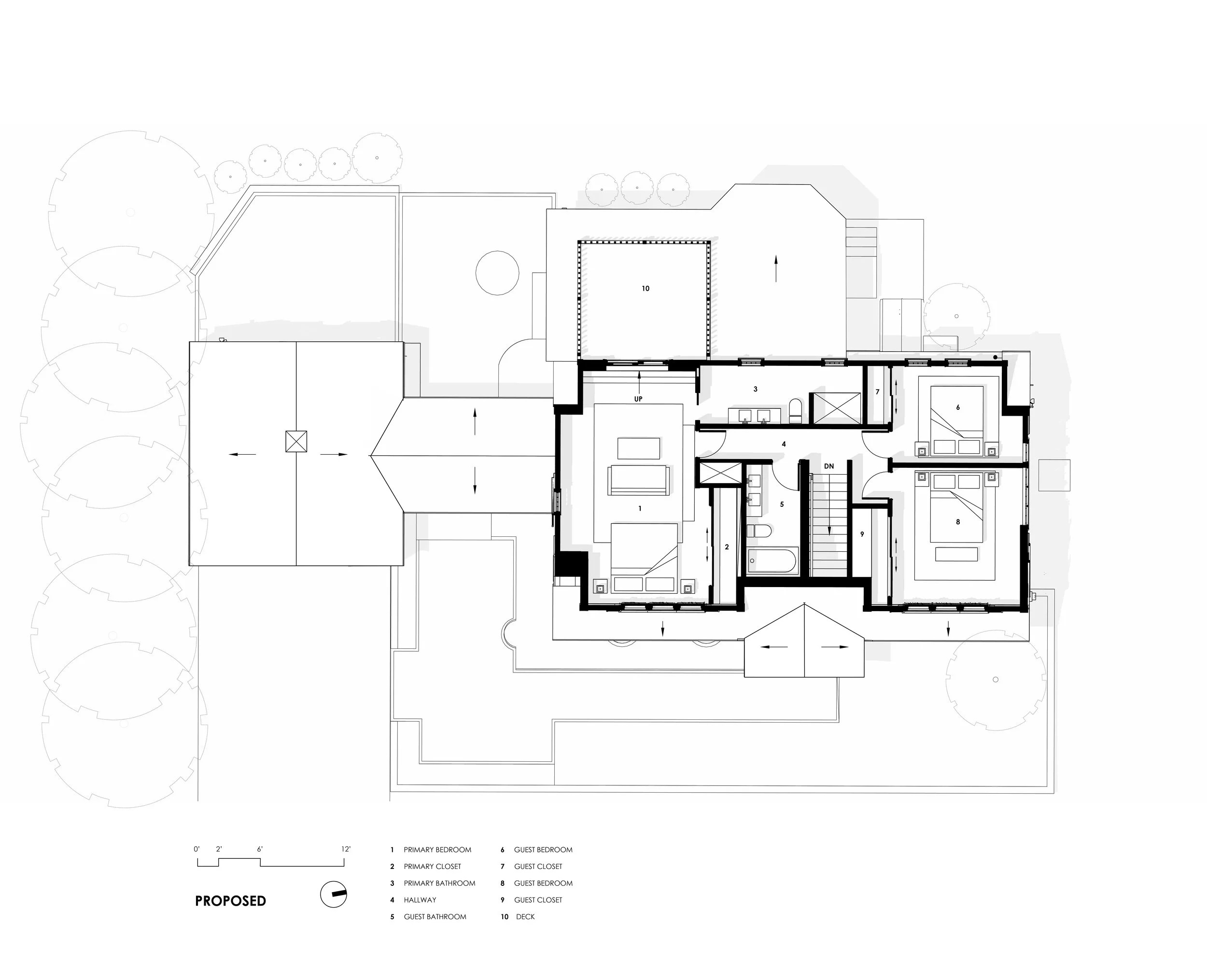 Architectural floor plan of a building layout with labeled rooms and outdoor deck."}