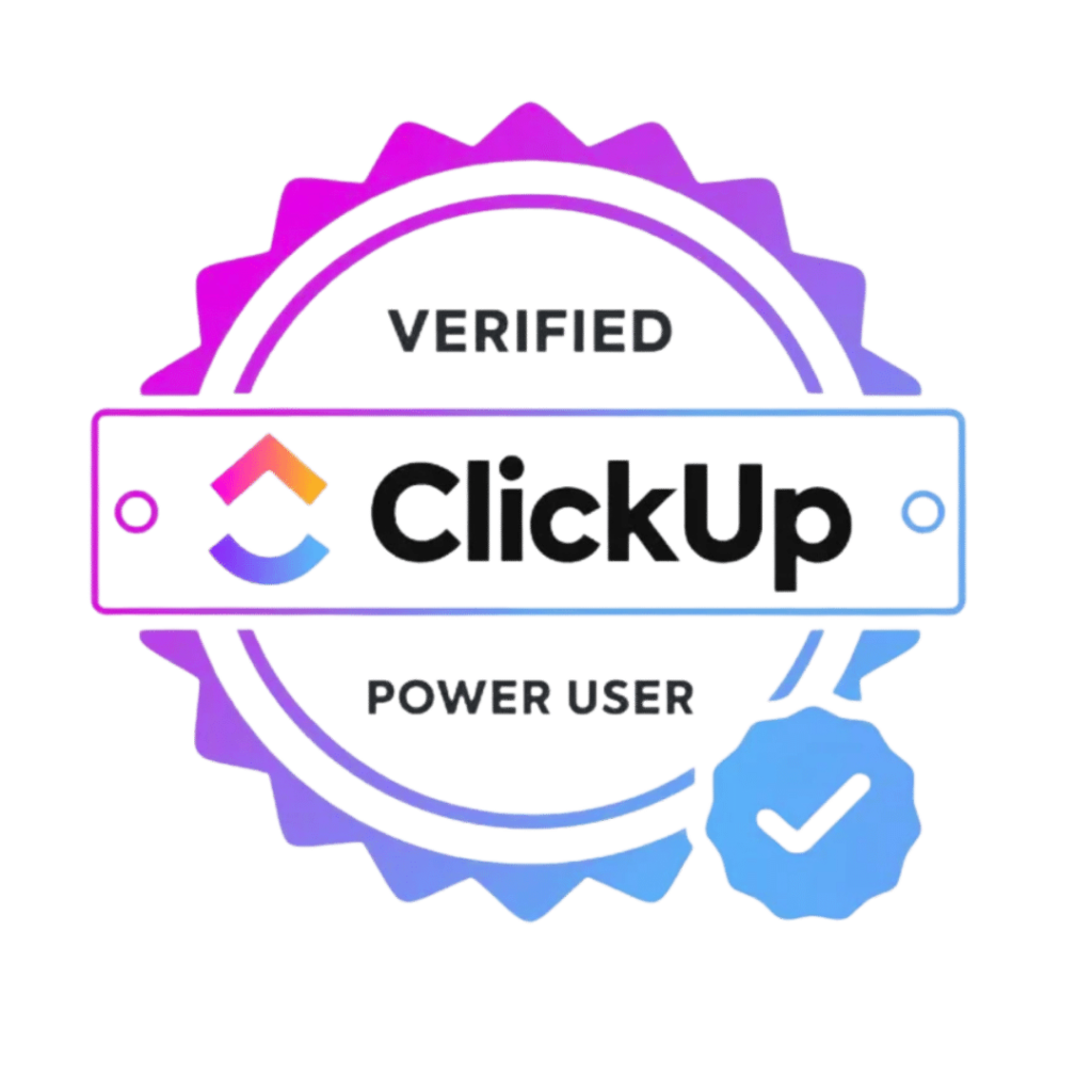 Badge with the words "Verified" and "Power User" around the clicked logo of ClickUp, a project management software.