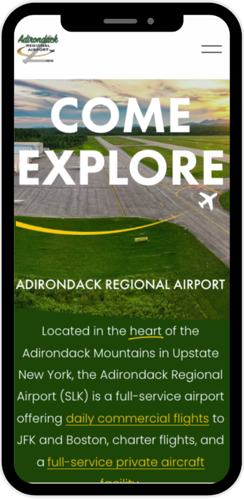 Screenshot of the Adirondack Regional Airport website homepage