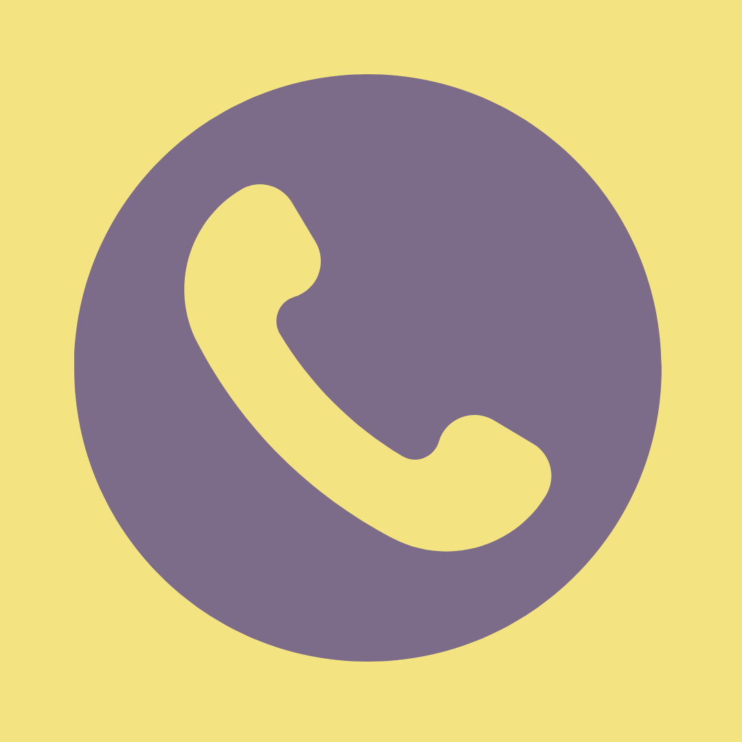 Icon of a telephone handset inside a purple circle on a yellow background.
