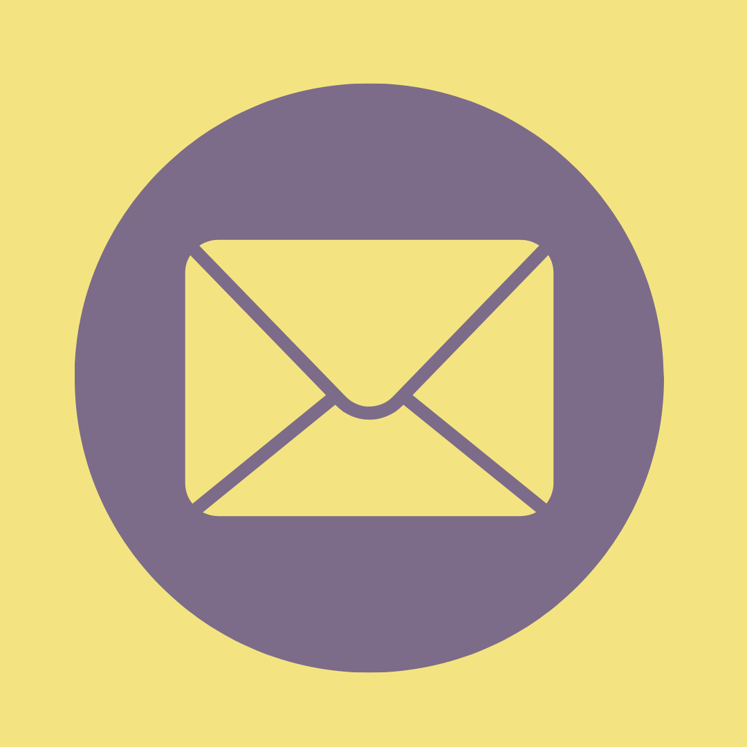 Icon of an envelope inside a purple circle on a yellow background, symbolizing email or messaging.