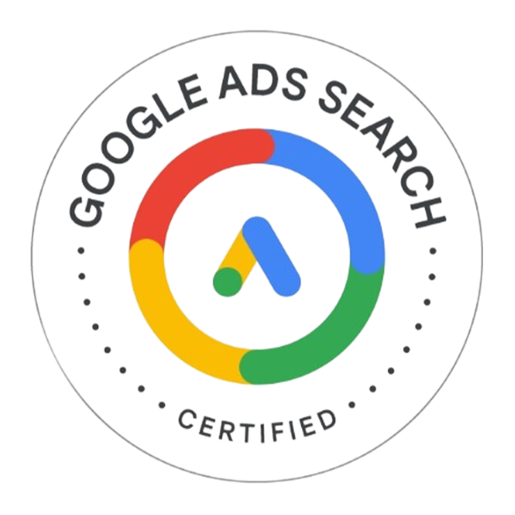 Google Ads Search Certified badge with a multicolored circular logo and a clock symbol in the center.