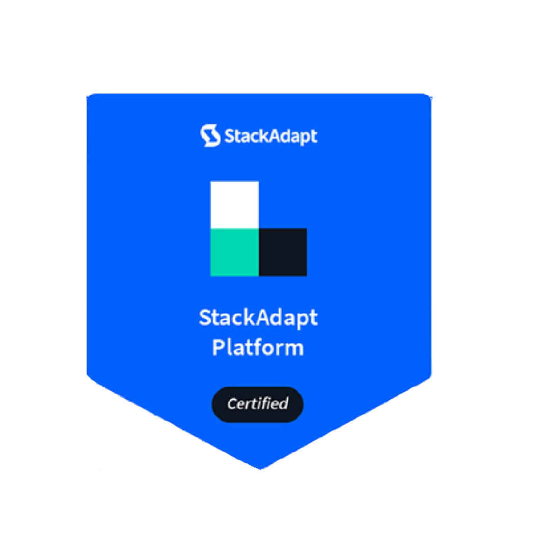 Badge with blue background displaying the logo and name of StackAdapt Platform, and a 'Certified' label.