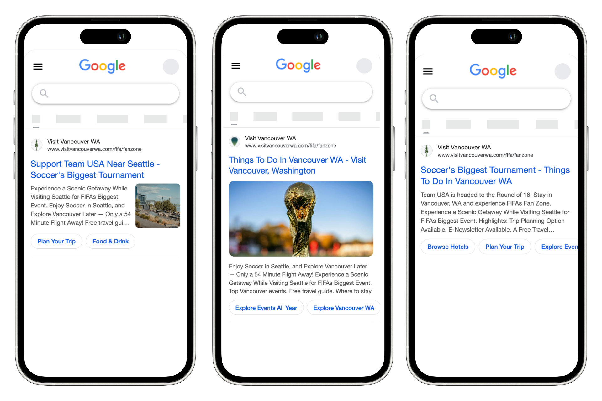 Three smartphones displaying Google search results for Vancouver, Washington, highlighting things to do, events, and local attractions.