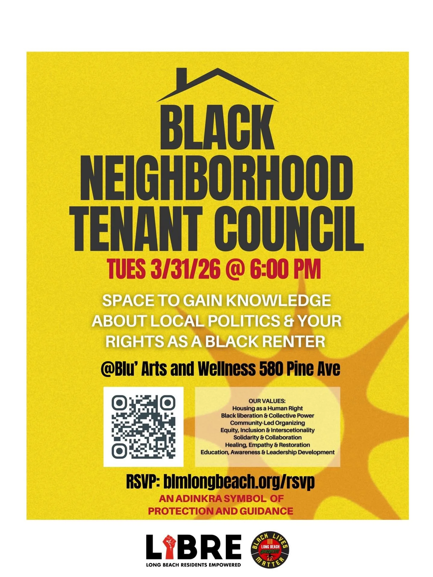 Join us for the upcoming Black Neighborhood Tenant Council meeting!

This is a space for Black renters and community members to come together, learn about local politics, and better understand our rights as tenants. Knowledge is power, and collective