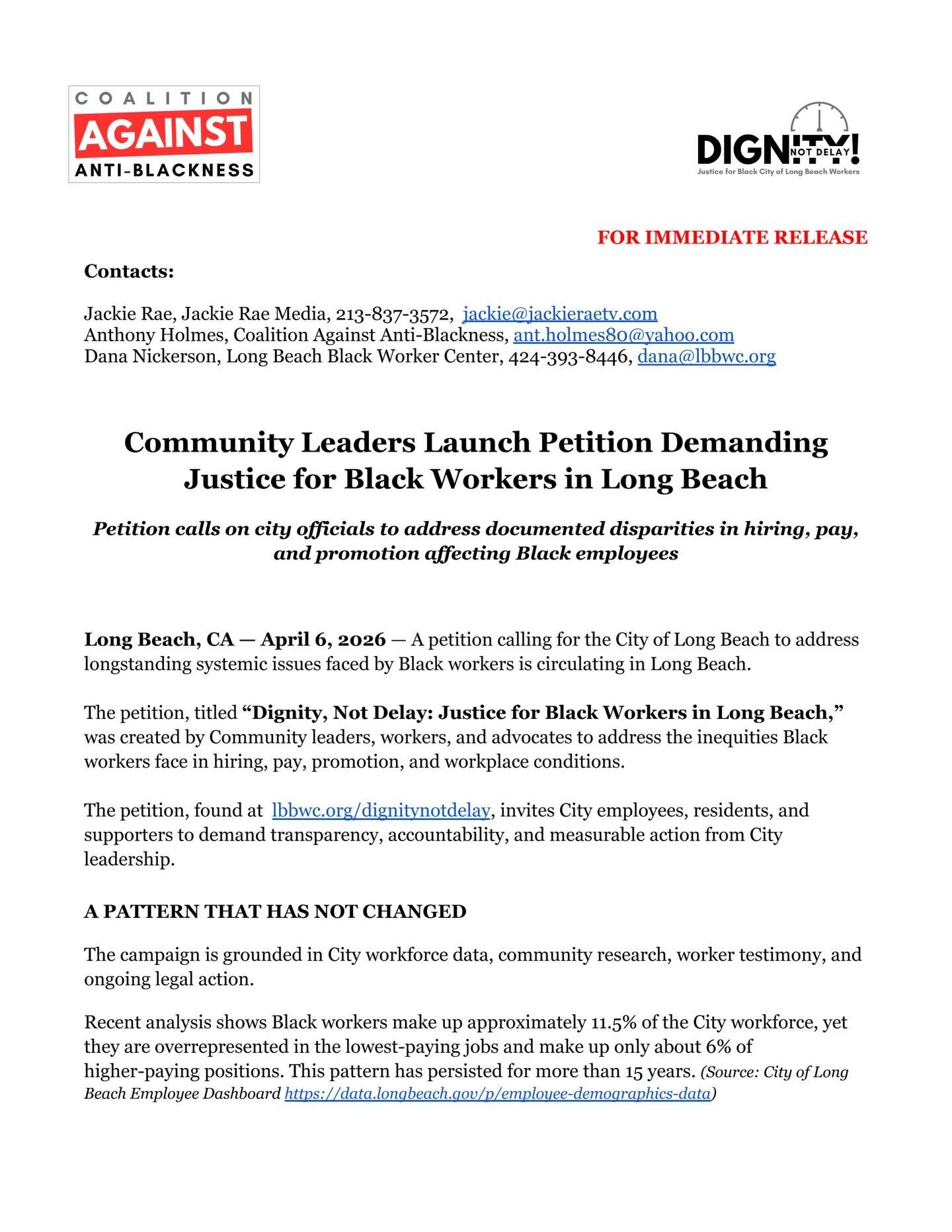 Black workers said what needed to be said.

The press release is out.
The data is clear.
The demands are on the table.

Now it&rsquo;s time for action from the Coty if Long Beach.

The official press statement has just been released.

Community leade