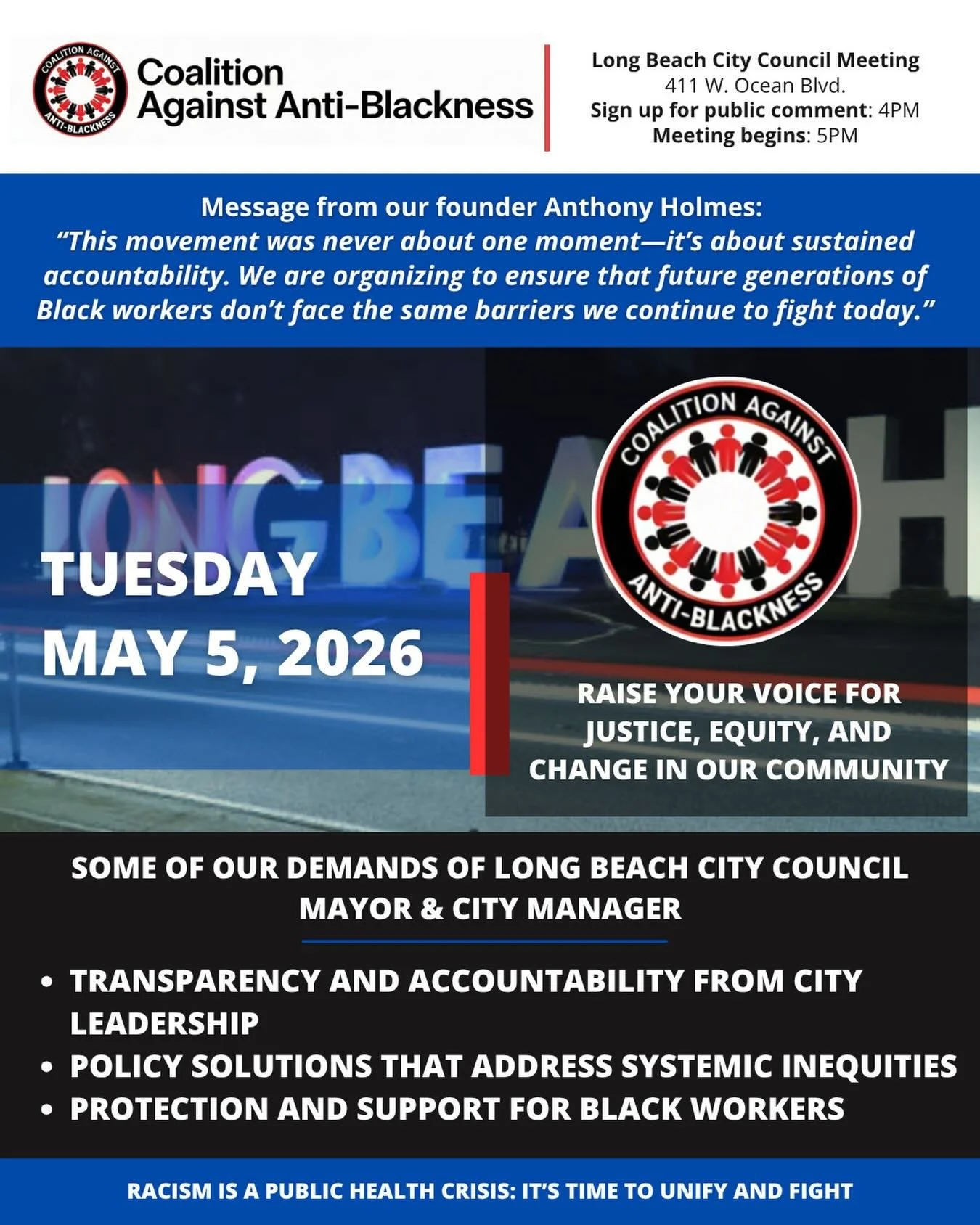 Long Beach, this is a moment to show up.

Black workers in our city have been speaking up about discrimination, inequity, and harm. Tomorrow, stand in solidarity with Anthony Holmes and others who have had the courage to tell the truth.  @anthony_hol