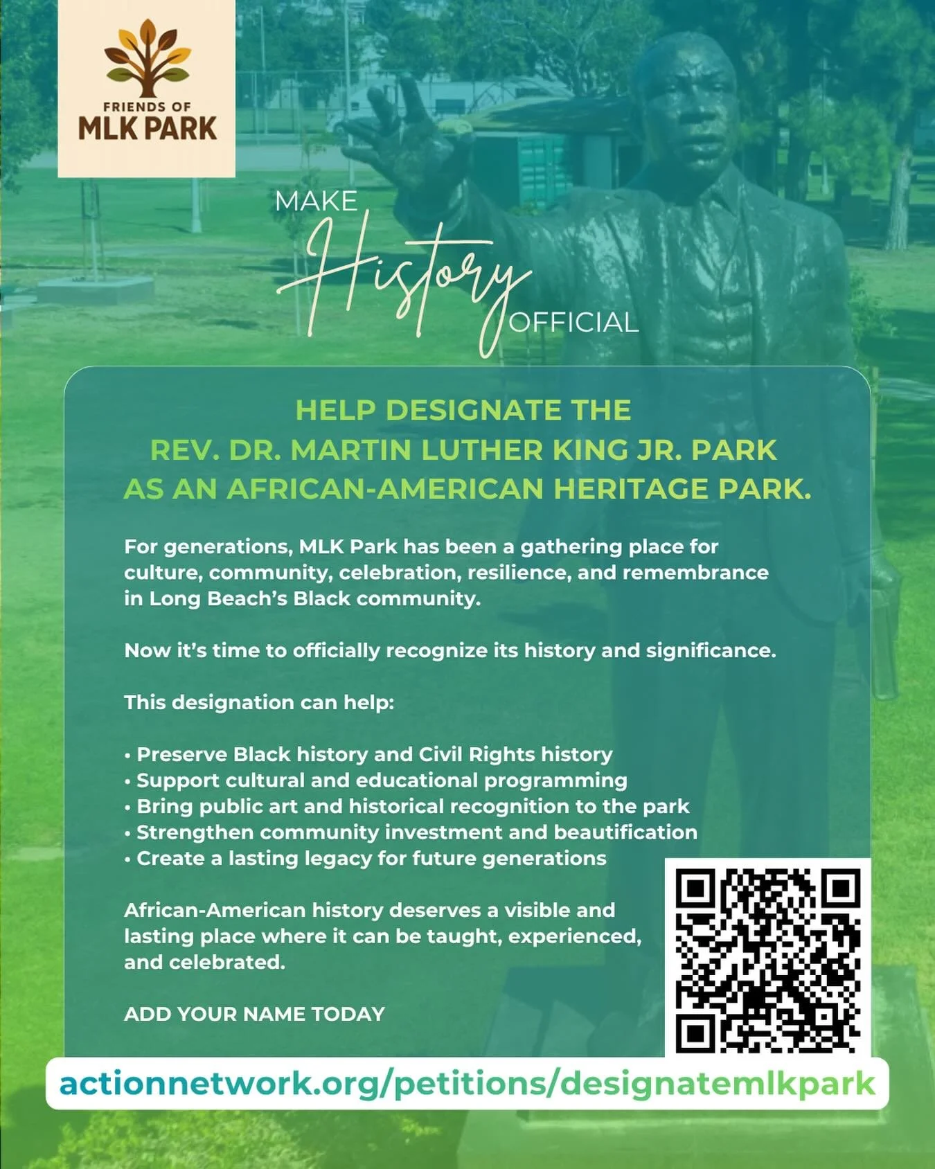 MLK Park is more than a park. It is a gathering place for Black culture, history, celebration, resilience, and community in Long Beach.

Join us in supporting this petition for the City of Long Beach to officially designate the Rev. Dr. Martin Luther
