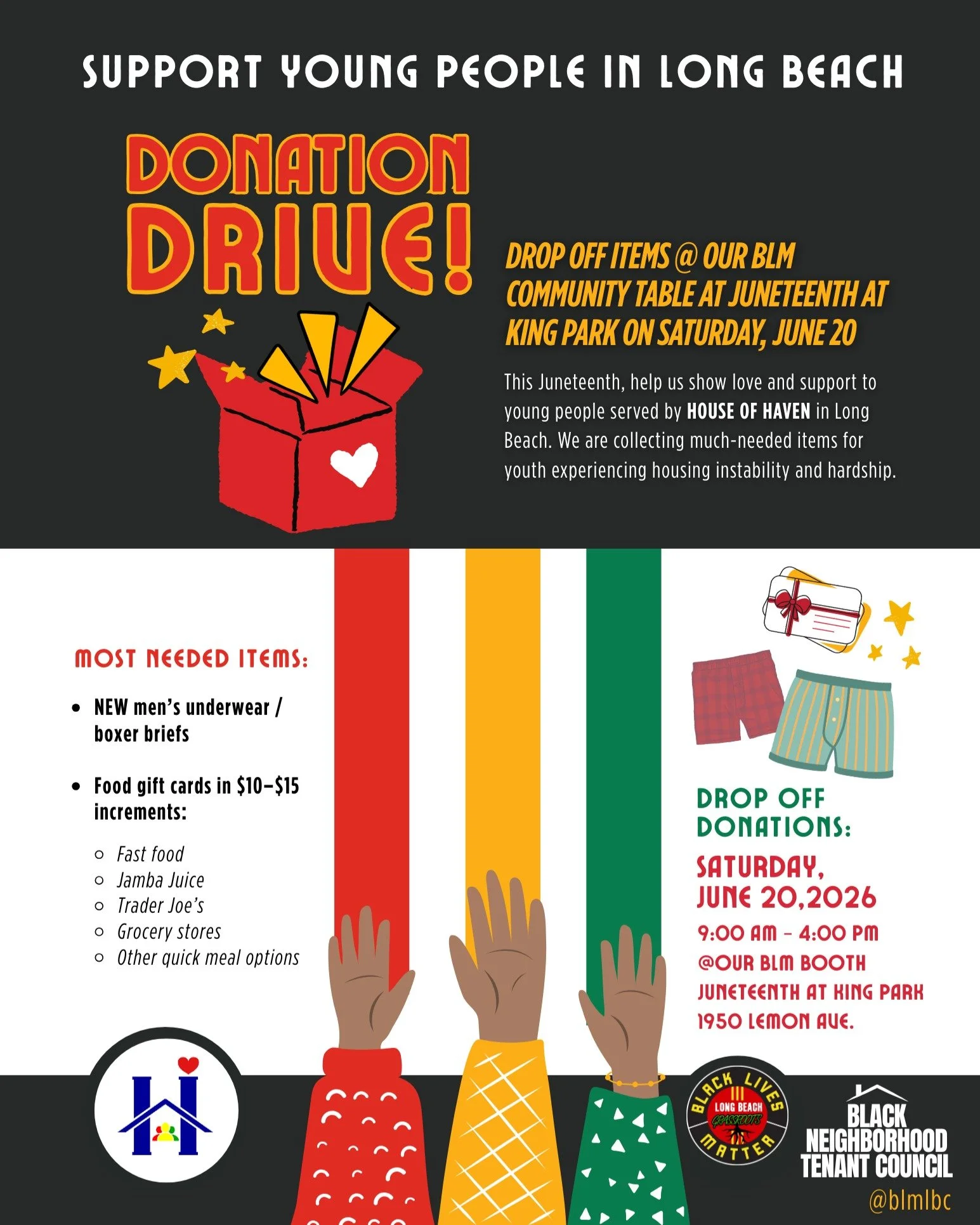 This Juneteenth, help us support young people in Long Beach 💛

We&rsquo;re collecting donations for youth served by @houseofhavenorg -- an organization supporting young people experiencing housing instability and hardship.

MOST NEEDED ITEMS:
▪️ New
