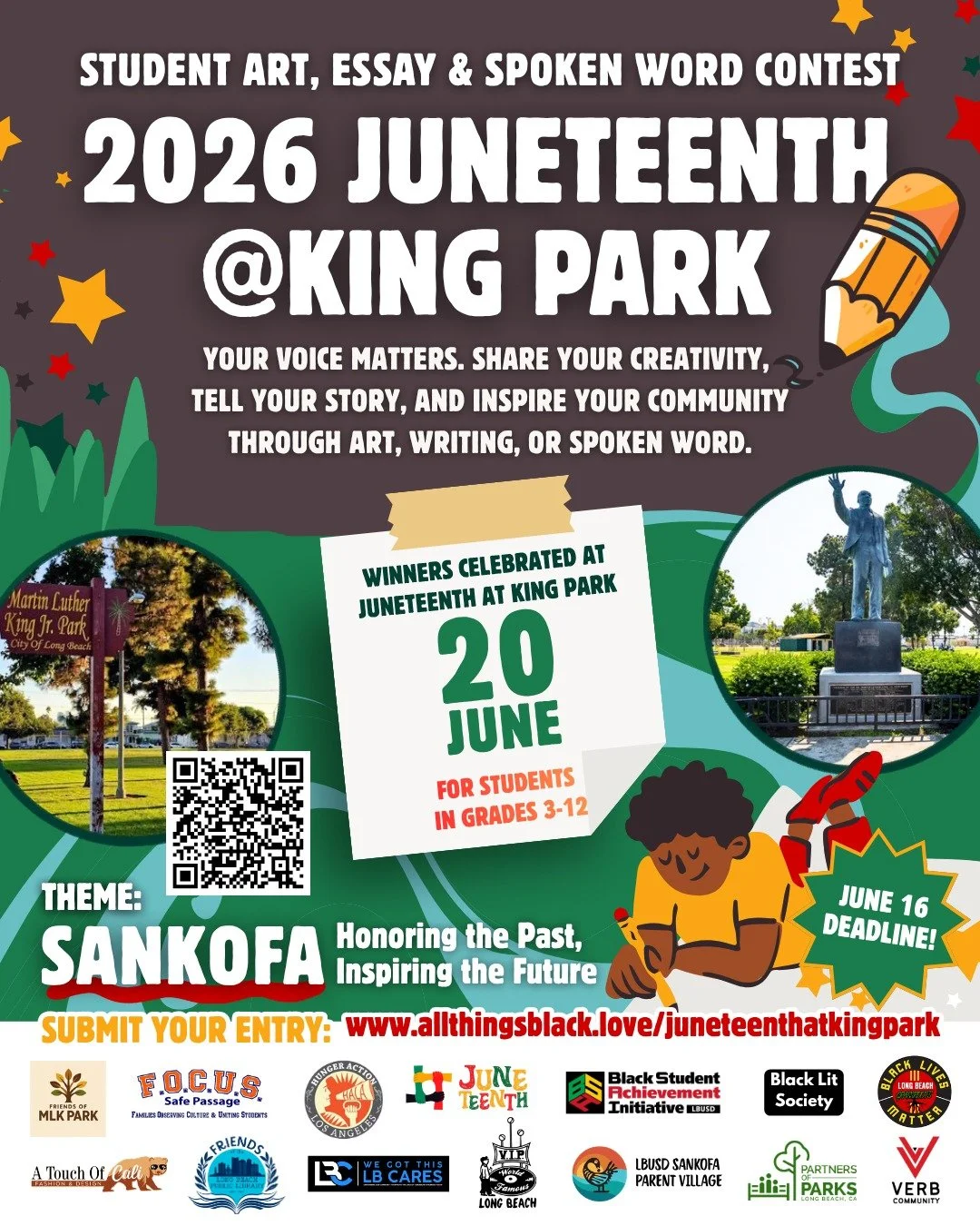 🎨 ✍🏾 🎤 CALLING ALL STUDENTS IN GRADES 3&ndash;12! 🎤 ✍🏾 🎨
Do you love art, writing, poetry, storytelling, photography, drawing, or spoken word? The 2026 Juneteenth at King Park Student Art, Essay &amp; Spoken Word Contest is accepting submission
