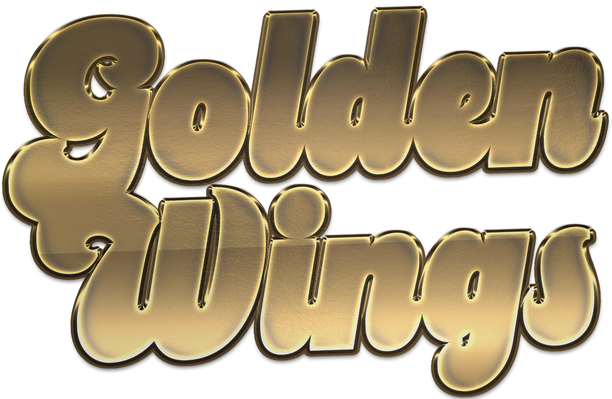 Golden, shiny 3D text that says "Golden Wings" with a black background.