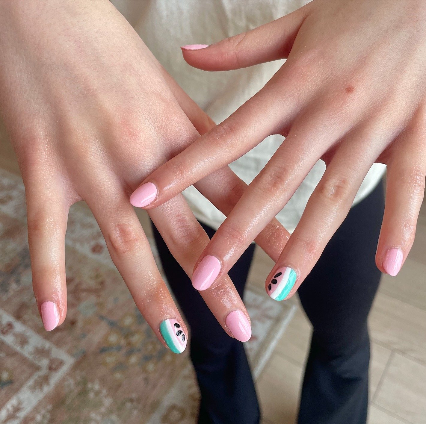 You're one in a melon 🍉💅 These sweet summer nails are serving fresh fruit vibes and major cuteness! Who else is craving a slice? // Dazzle dry &amp; tier 1 nail art by Abby

Polished Hamilton is open Tuesday-Saturday from 10-7pm and Sunday 10-4! Bo