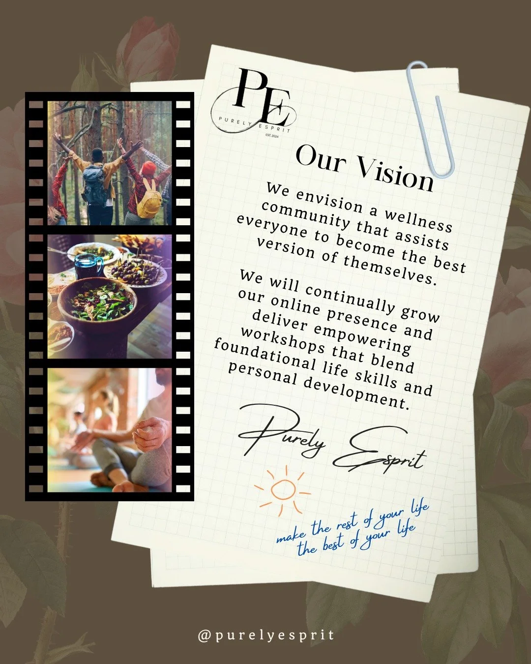 Welcome to Purely Esprit!

We want to assist you to make the rest of your life the best of your life! 

Follow along for your regular dose of inspiration, motivation, and support

#purelyesprit #ourvision #nurture #nourish #reconnect #wellness #commu