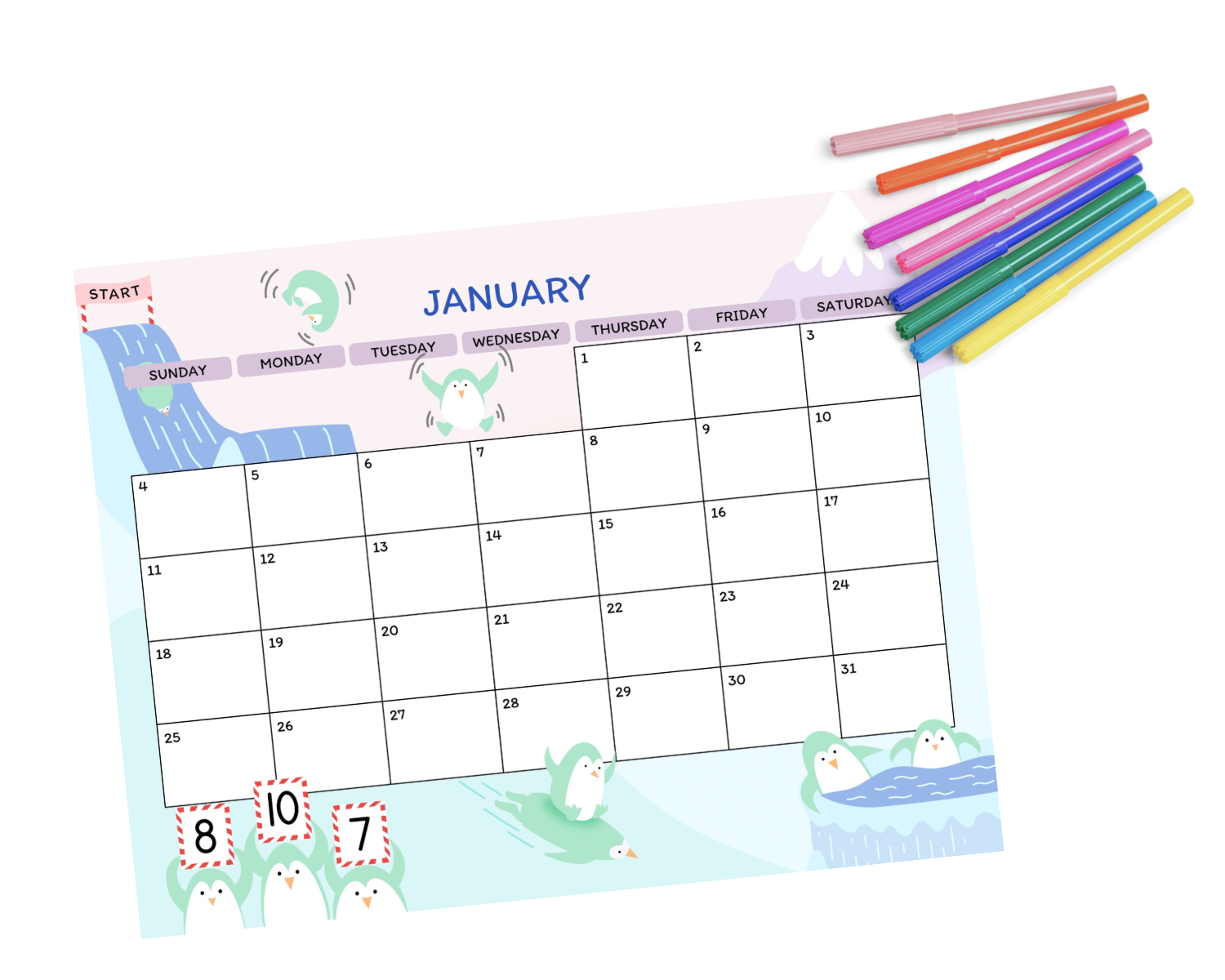 January 2026 Printabke calendar page with penguin illustration