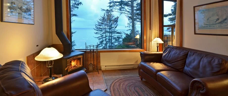 Living room with leather sofas, a stone fireplace, and a large window showing a view of trees and water outside, with lamps and framed artwork on the walls.